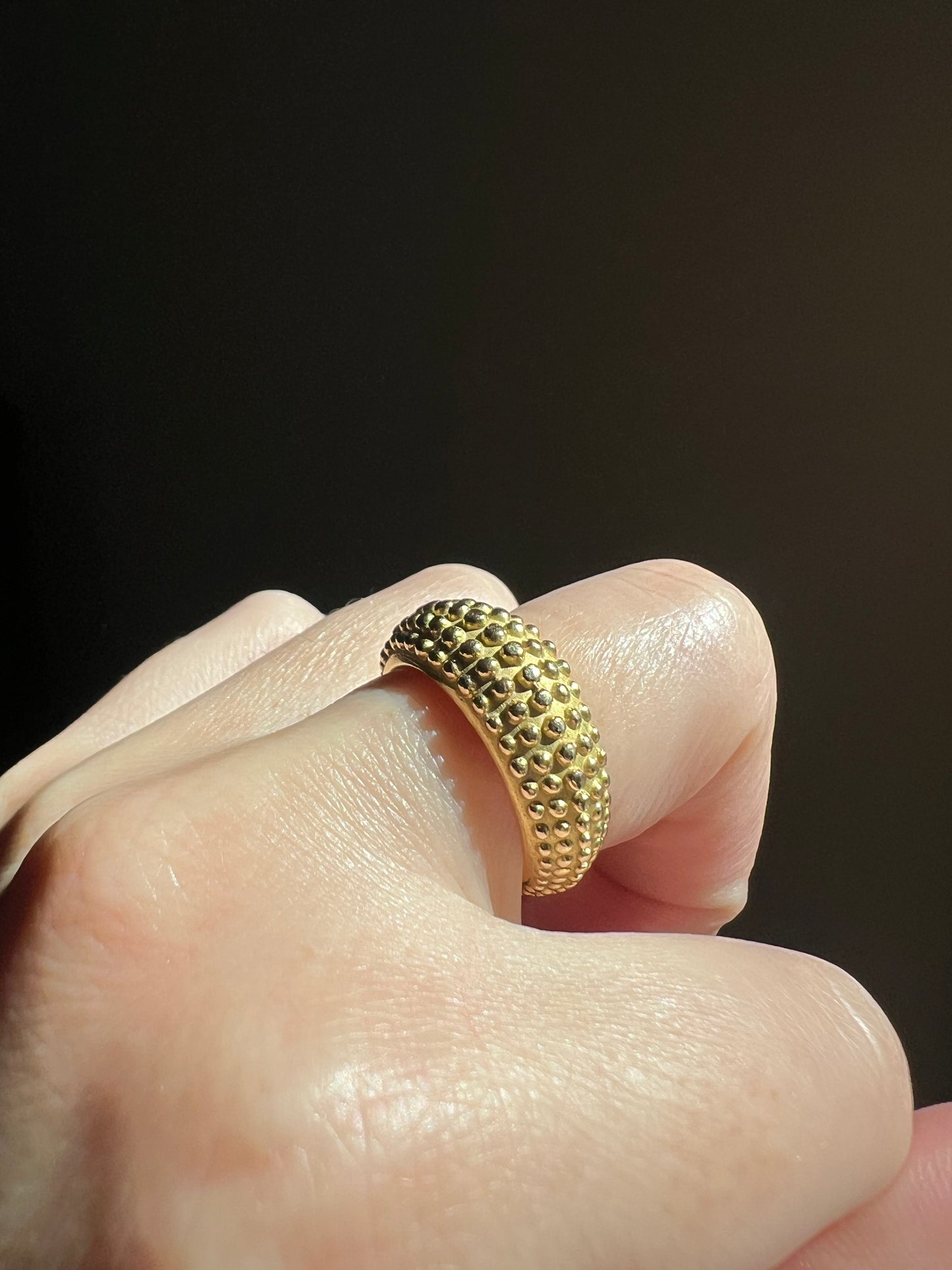 Heavy Ball Rivet Domed Band French Beaded 18k Gold Ring Satin & Shine Chunky Bombe Stacker Glowing 360 Texture Layering