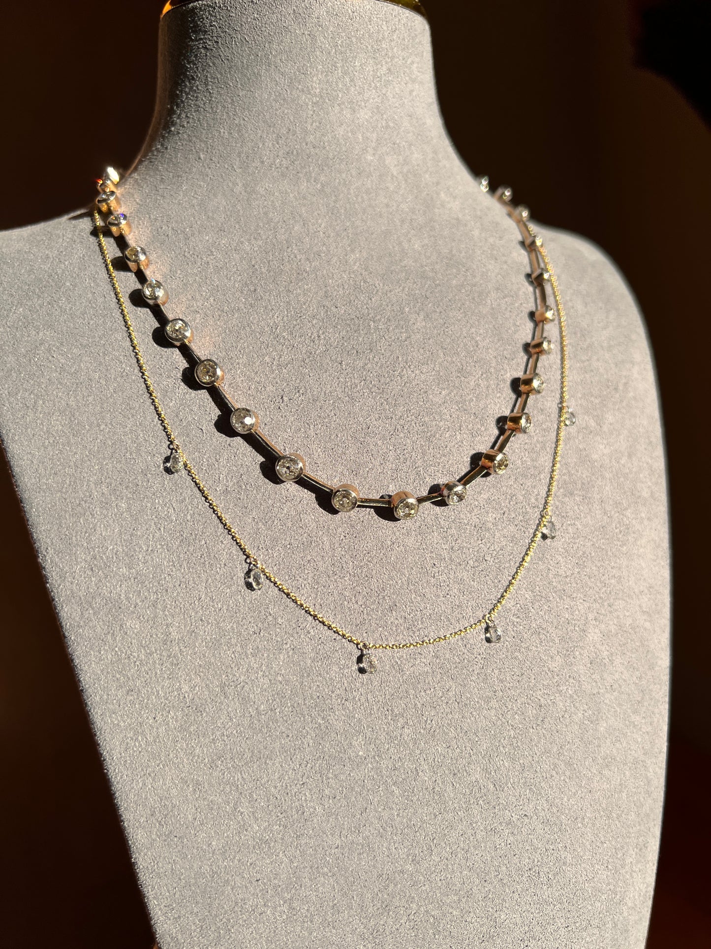Vintage 1.2 Carat BRIOLETTE Diamonds Multi Drop Necklace 14k Gold Chain Faceted 3D Dangle Pendants