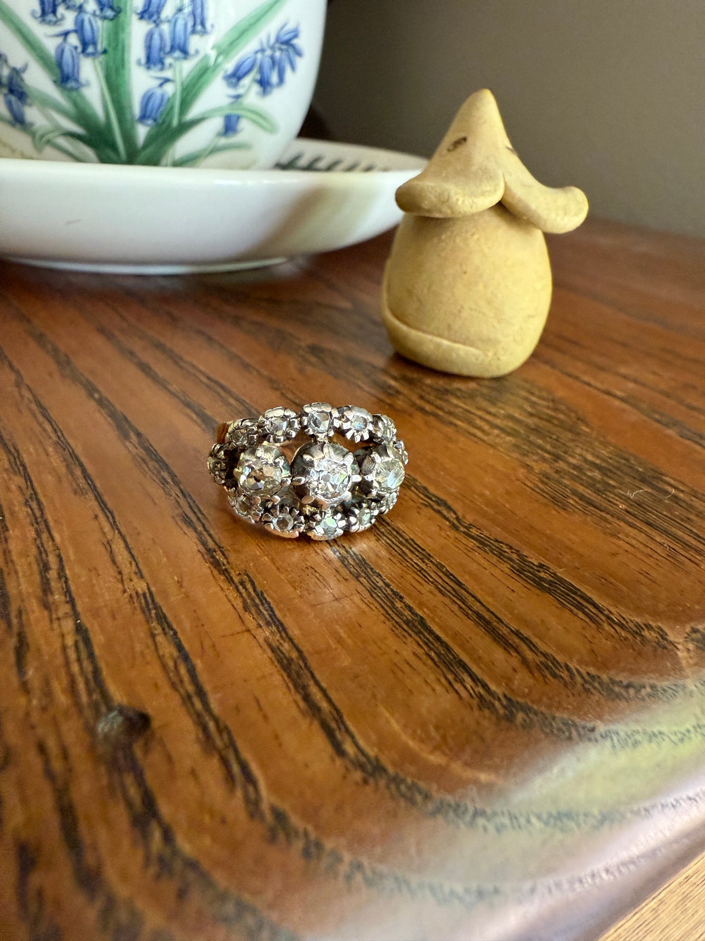 GEORGIAN Era Antique 1.5 Carat Spanish Iberian Triple Row Old Mine Rose Cut Diamond Ring Engraved Band 18k Gold Silver Collet