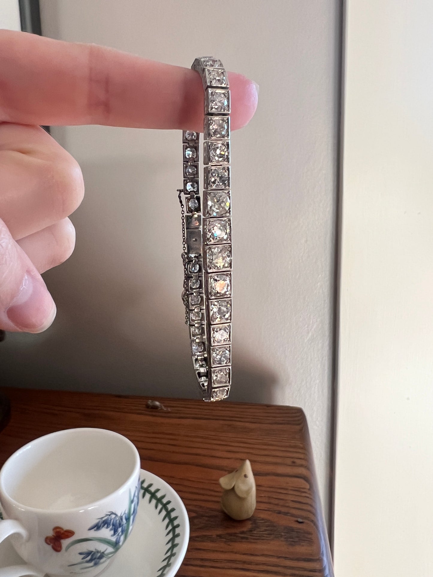 Antique 9.75 CARAT 38 Old European & Mine Cut DIAMOND Line Bracelet PLATINUM 18k White Gold French Geometric Engraved Tennis