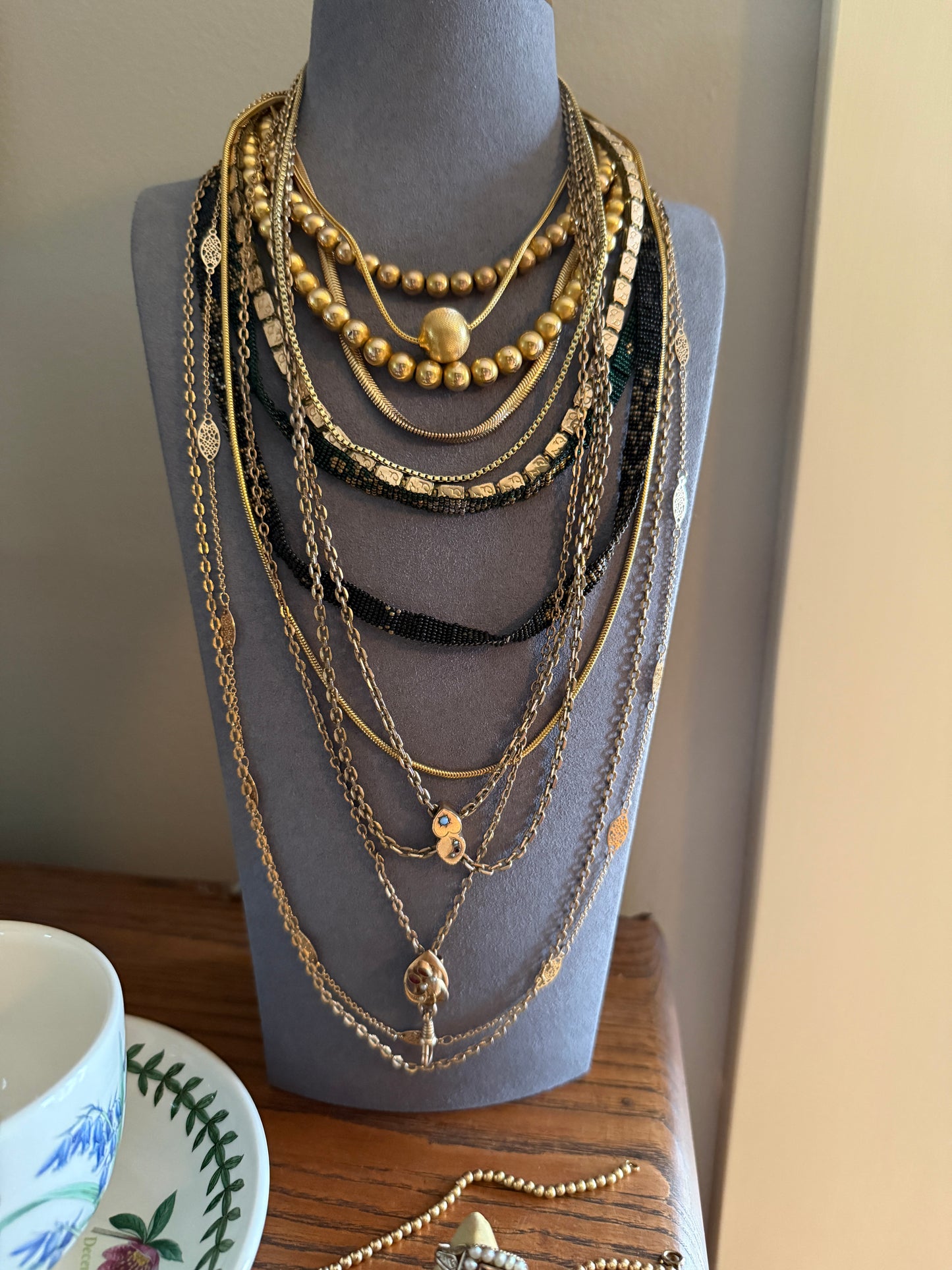 Two HEARTS Moon Star Slide Victorian Art Nouveau Warm Rosy Gold Fill Long Guard Muff Watch Chain Necklace Pearl & Opal