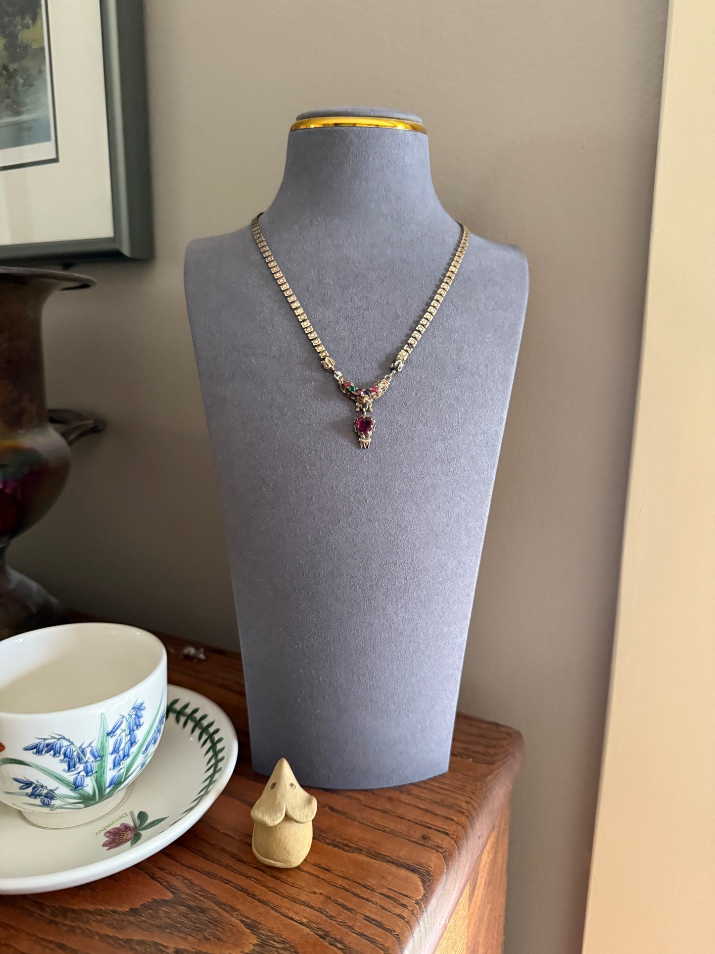 REGARD Old Mine Cut Diamond Amethyst Garnet Paste HEART Antique VICTORIAN Book Chain Necklace Pendant 10k Pale Gold