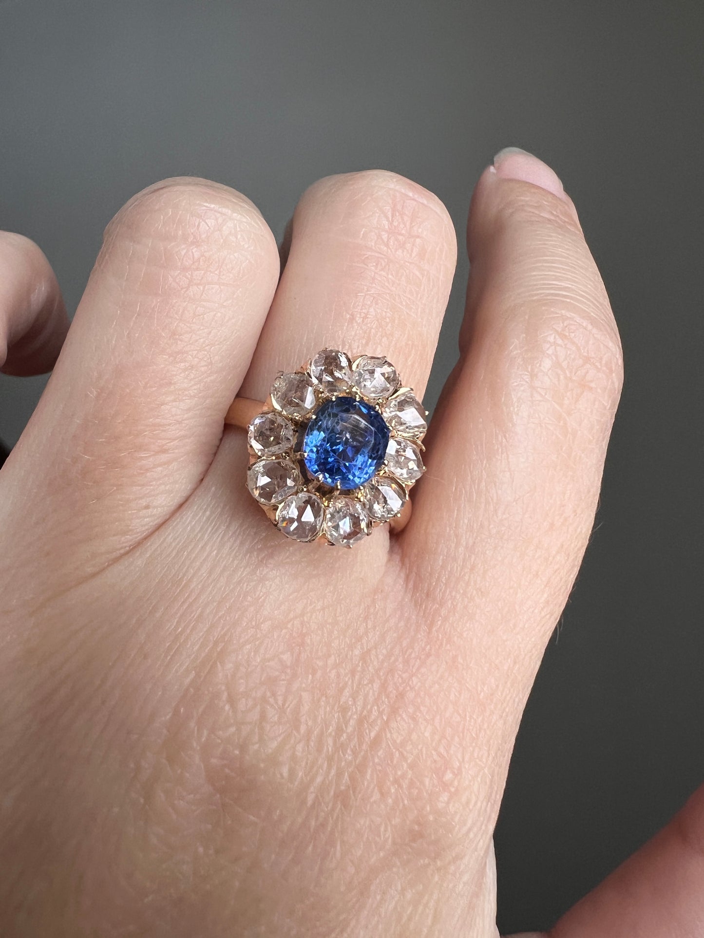 Natural Cornflower SAPPHIRE 1 Carat 10 Rose Cut Diamond Halo Ring 18k Gold Engraved Dated Wedding Band Antique Cluster