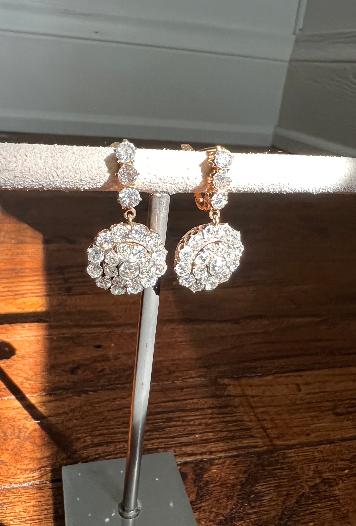 XL Antique 4 1/3 Carat Old Mine DIAMOND Cluster Dangle Earrings 18k Gold ViCTORIAN Bullseye Halo Drops