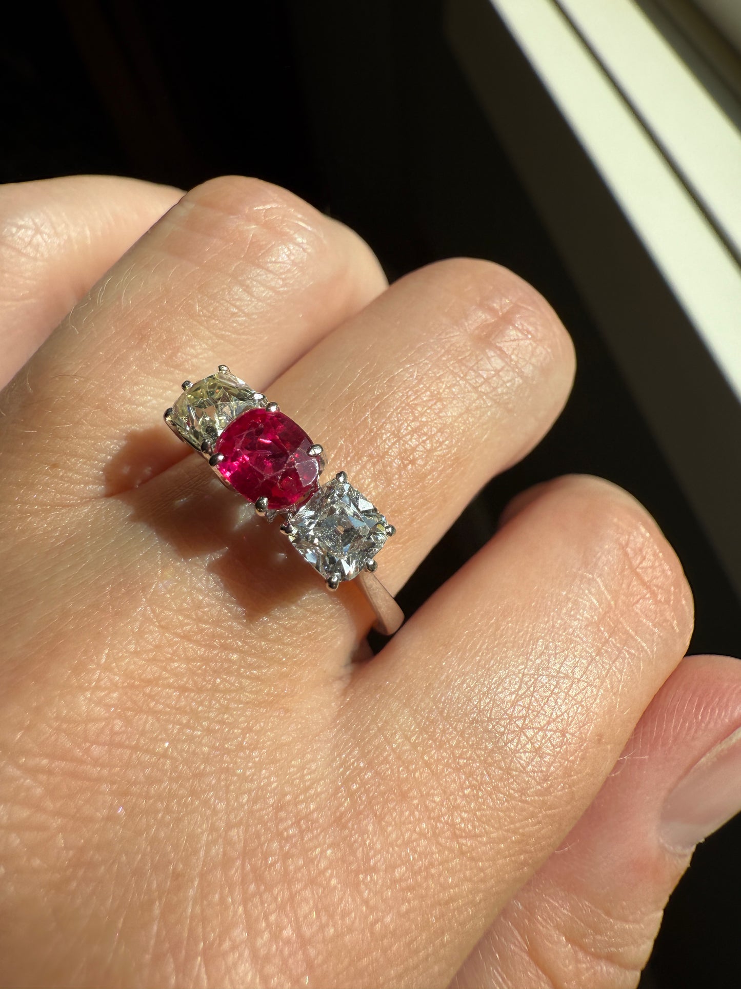 TALL Three Stone Square Old Mine Cut DIAMOND Natural Ruby 18k White Gold Ring Unique Stacker Setting Stackable Pinkish Red