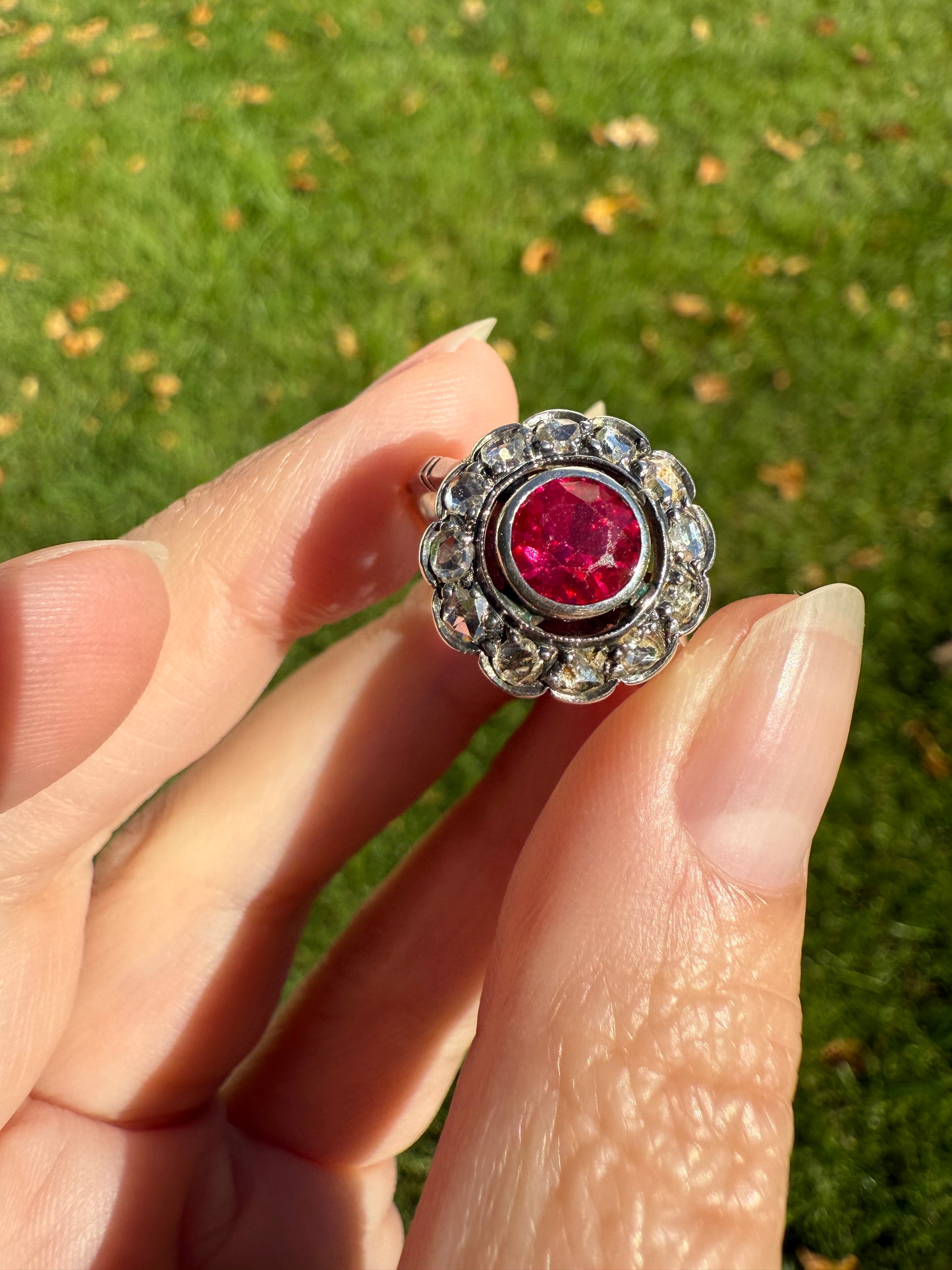Antique Ruby & Rose Cut Diamond Halo Cluster Ring Pink Red Solid Silver French Edwardian Stacker