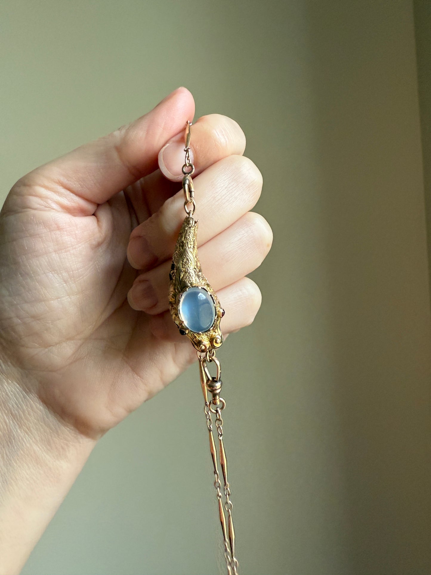 MOONSTONE Smiling SNAKE Large Victorian Antique Pendant CONNECTOR Extender Figural 10k Gold Solid Swivel Engraved Head Garnet Eyes