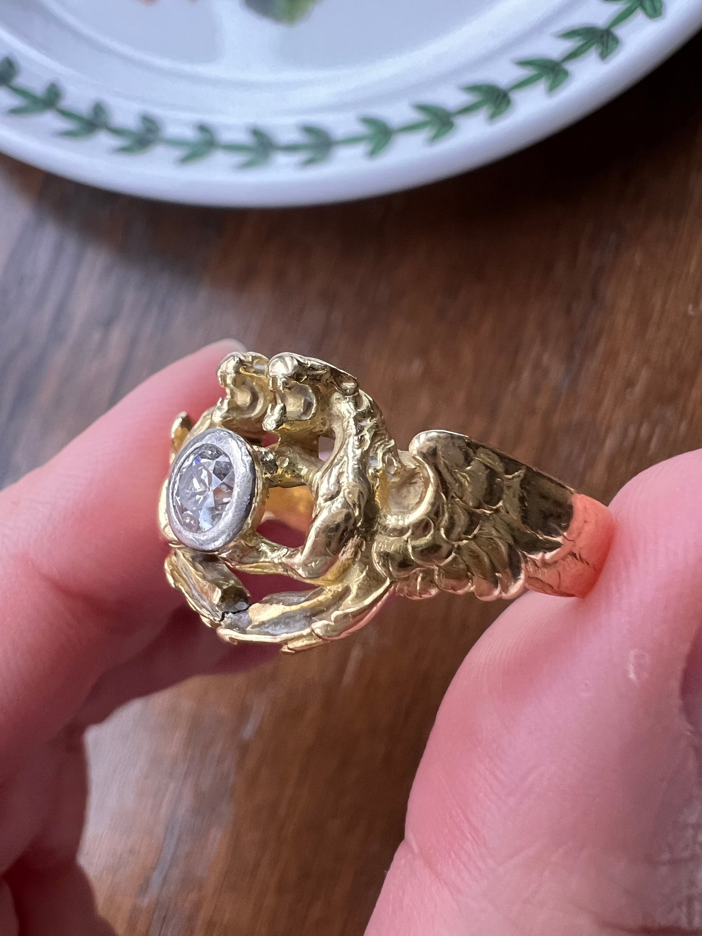 HEAVY Double DRAGON French Antique .3 Ctw Old European Cut DIAMOND RiNG 10g 18k Gold Gift Victorian Figural Unisex