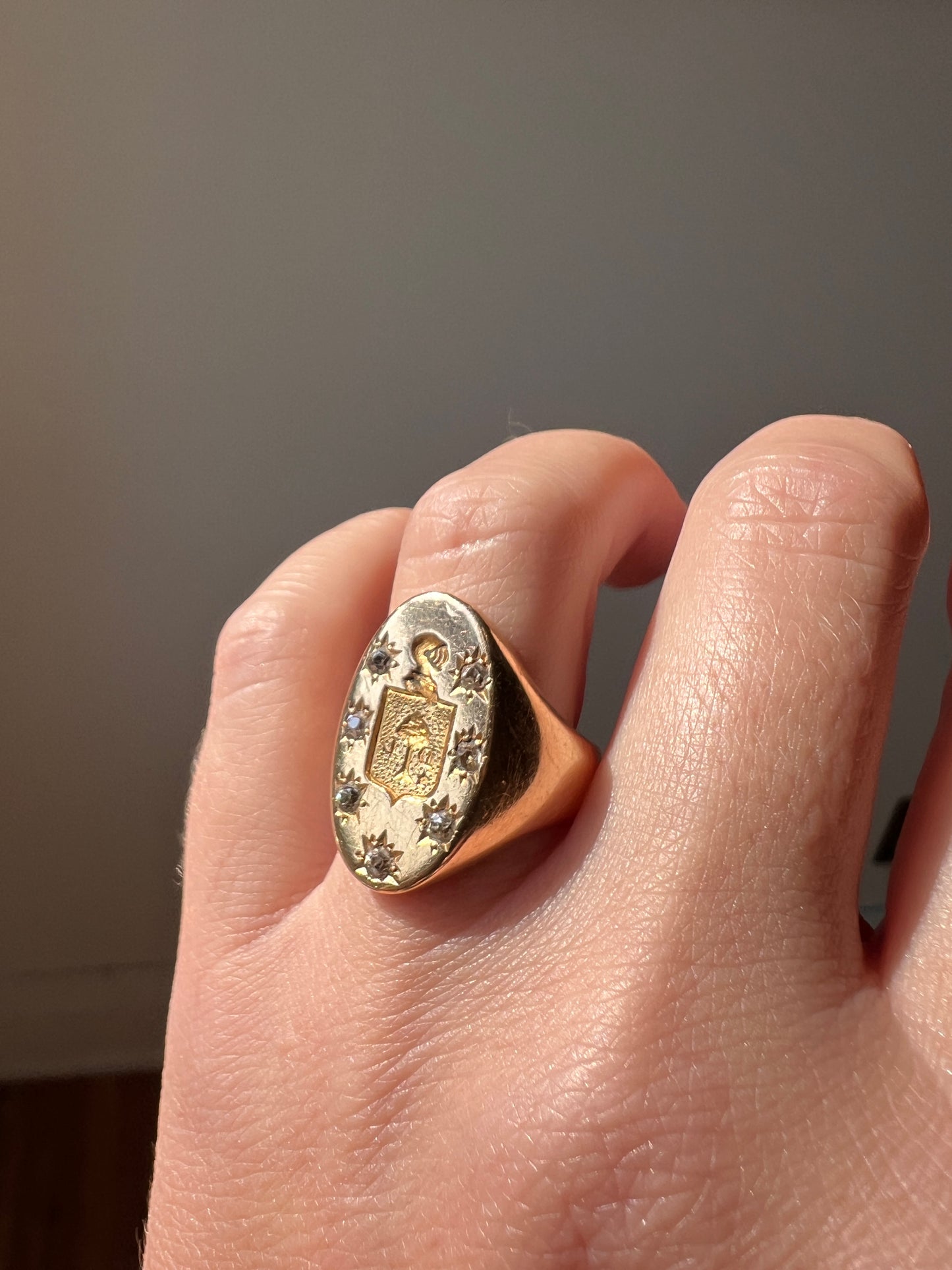 Old Mine Cut DIAMOND Starburst HEAVY French Antique Signet RING 13g 18k Gold Solid Helmet Coat of Arms Chunky