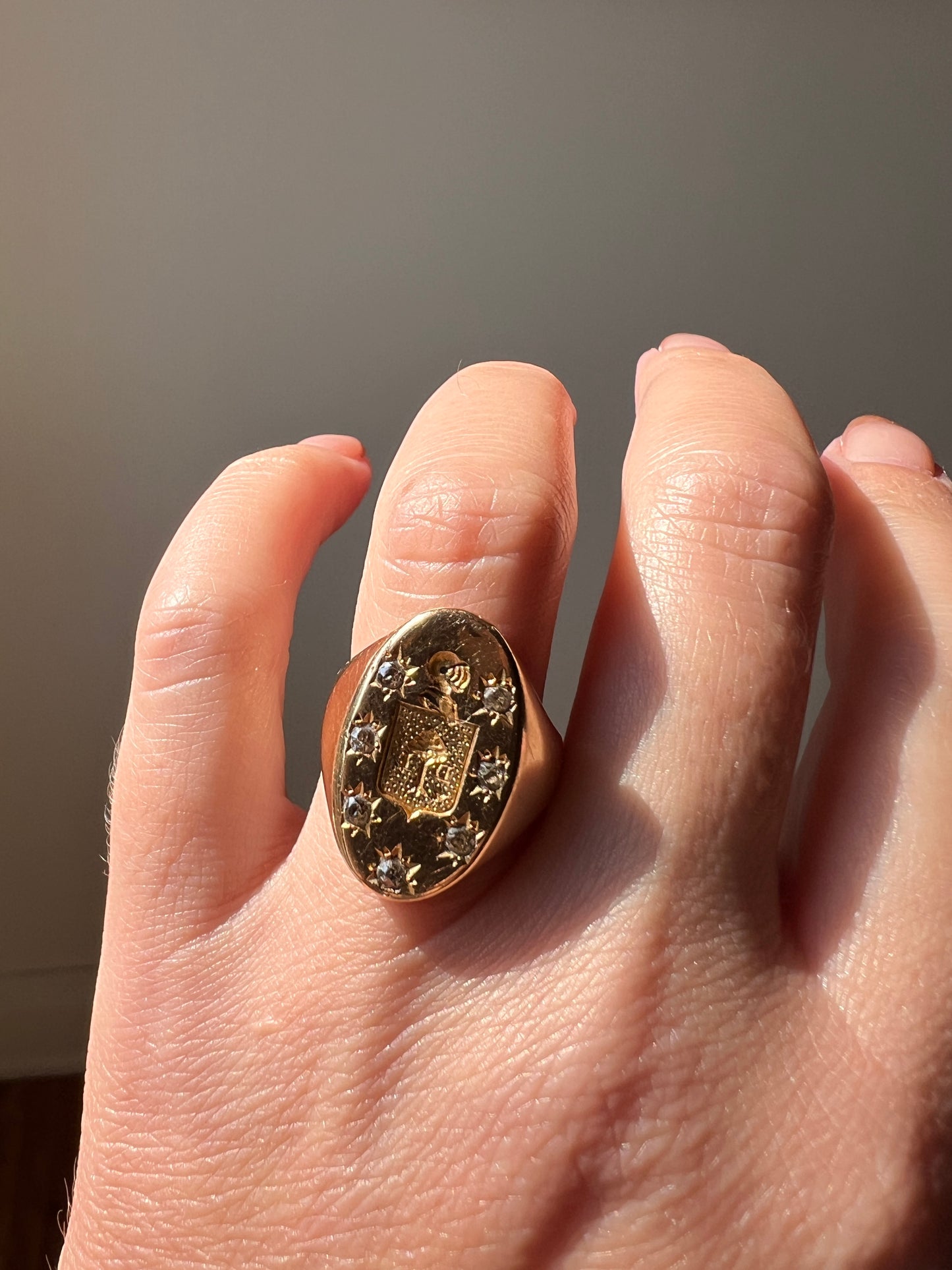 Old Mine Cut DIAMOND Starburst HEAVY French Antique Signet RING 13g 18k Gold Solid Helmet Coat of Arms Chunky