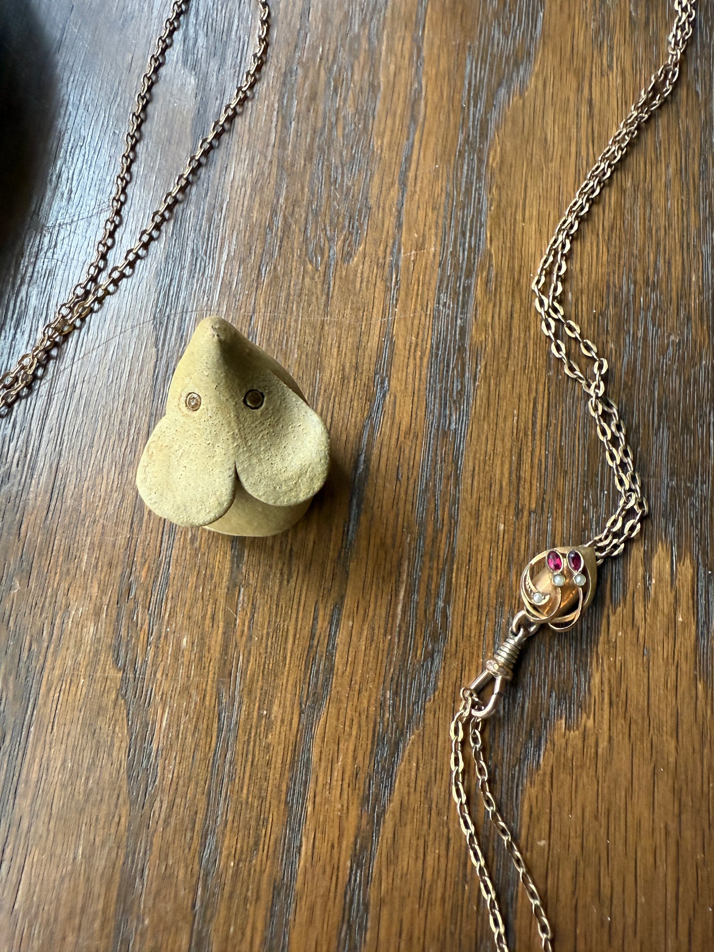 Victorian Art Nouveau Warm Rosy Gold Fill Long Guard Muff Watch Chain Necklace with Swirl Marquise Paste Ruby & Seed Pearl Slide