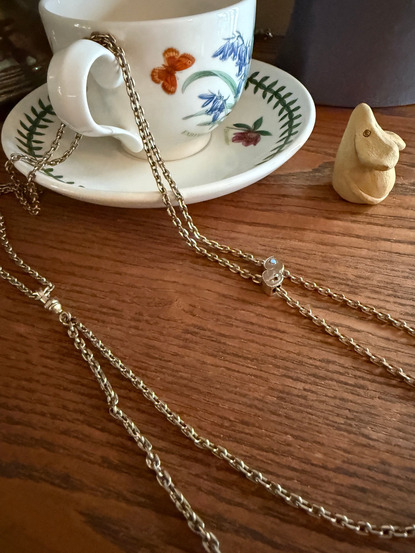 Two HEARTS Moon Star Slide Victorian Art Nouveau Warm Rosy Gold Fill Long Guard Muff Watch Chain Necklace Pearl & Opal