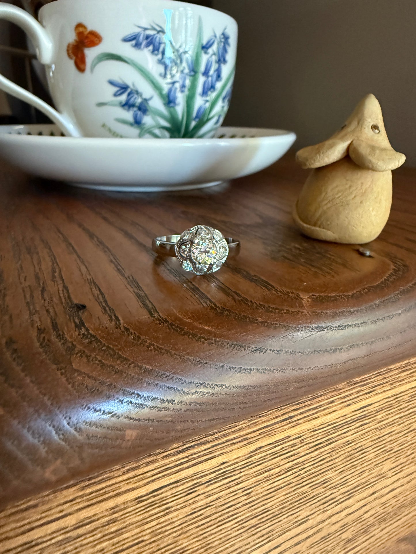 Vintage 1 Carat Tdw Antique Old European Cut Diamonds 18k White Gold Ring Scandinavian Domed Ornate Cluster Ring Art Deco Edwardian Style