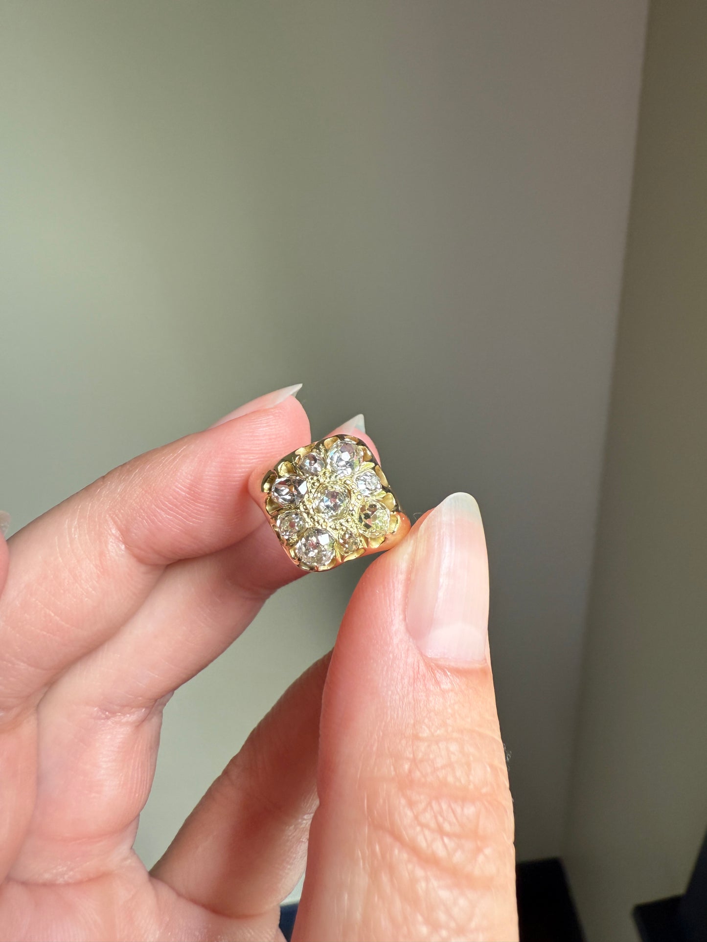 CHUNKY 1.2 Carat Old Mine Cut DIAMOND Cluster Ring 15k Gold Delicious Pale Yellow Nine Stone Cruciform Halo Belcher Buttercup 1.2Ctw OMC