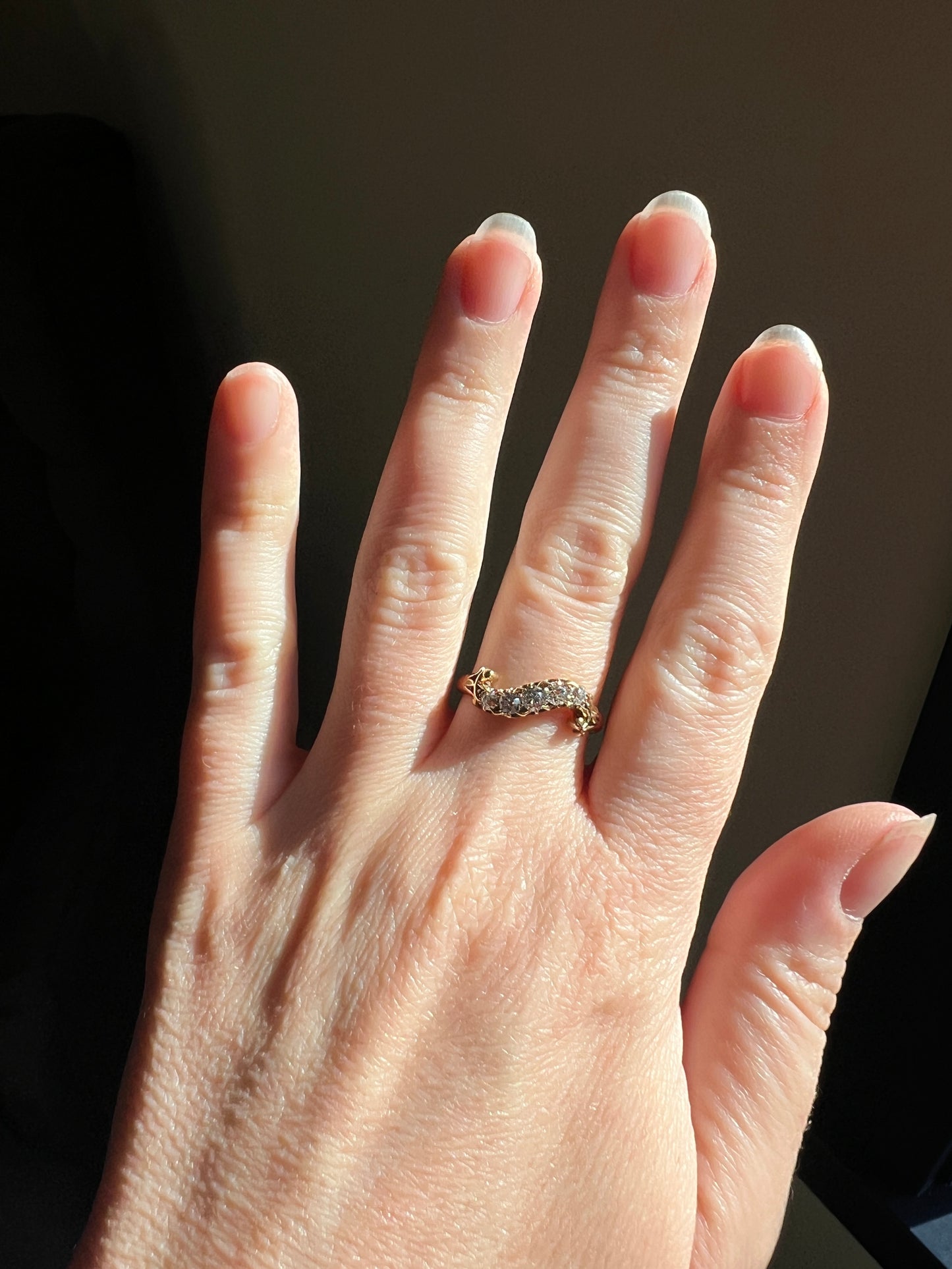 RESERVED - Final Payment - SWIRL Old Mine Cut DIAMOND Five Stone Band Crossover Ring Swirl Band 18k Gold Antique Bypass Ornate Stacker Victorian