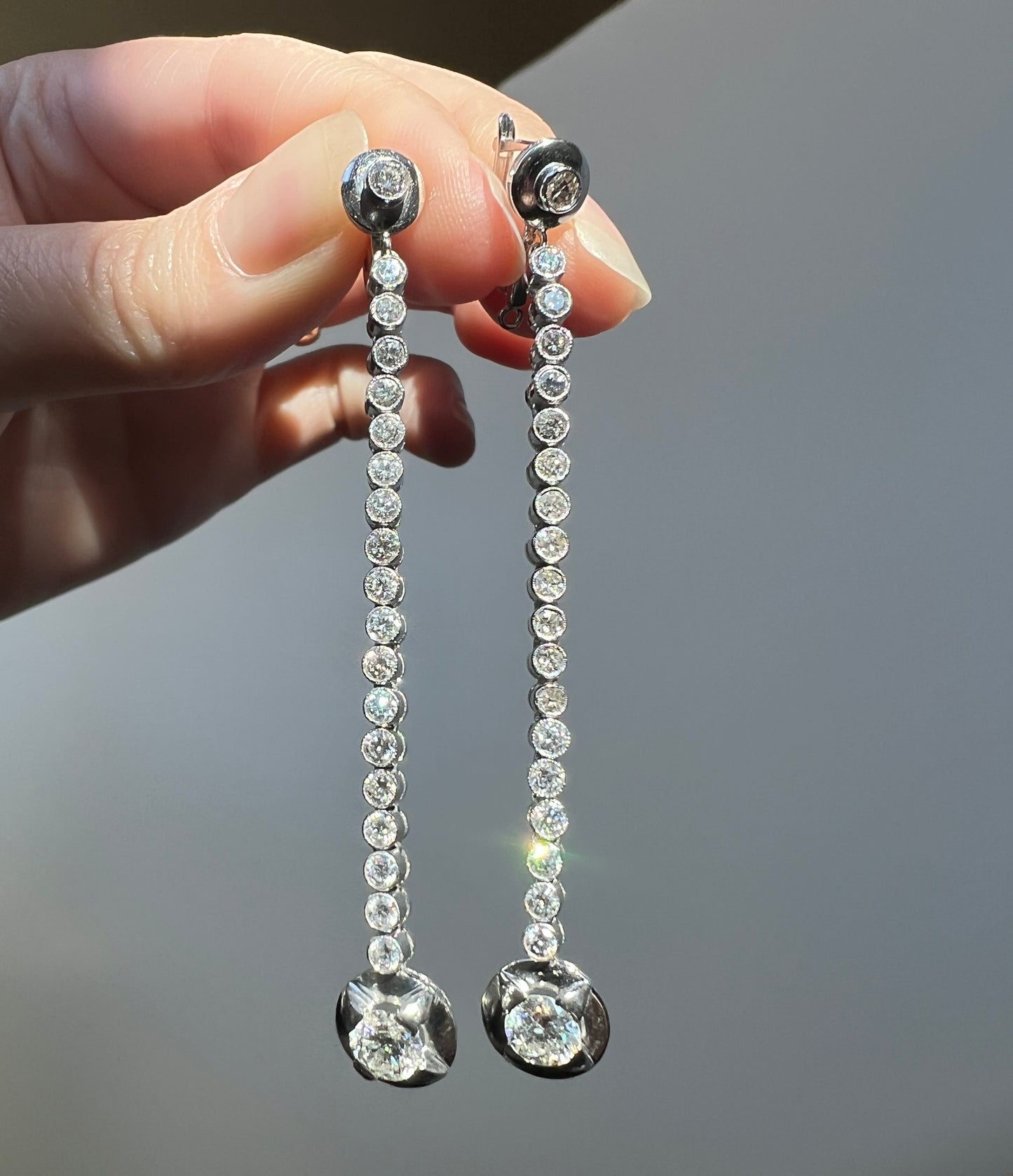 Extra LONG 2.8" Transitional Single Cut DIAMOND 3.6 Carats Tdw Dangle Earrings French Vintage 18k White Gold Platinum