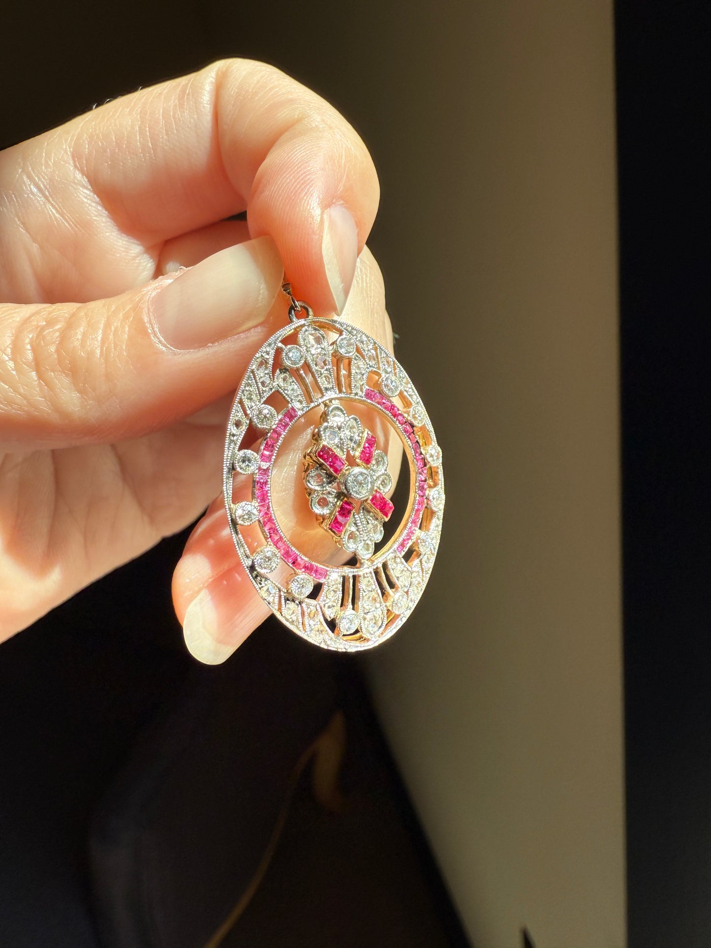 XL French Edwardian Ruby 1.75 Carat Old Mine Rose Cut DIAMOND 18k Gold Oval Pendant Open Work Medallion Pink Carre Cut Halo