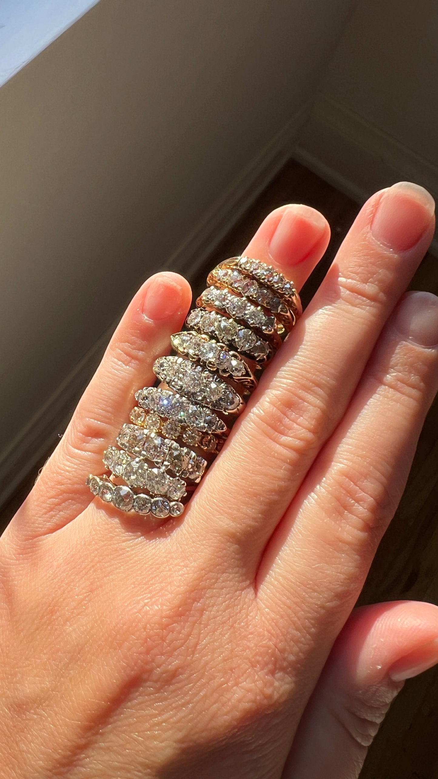 French Antique 18k Gold 1 CARAT Nine Stone Old Mine Cut DIAMOND Ring Skinny Half Hoop Wedding Band