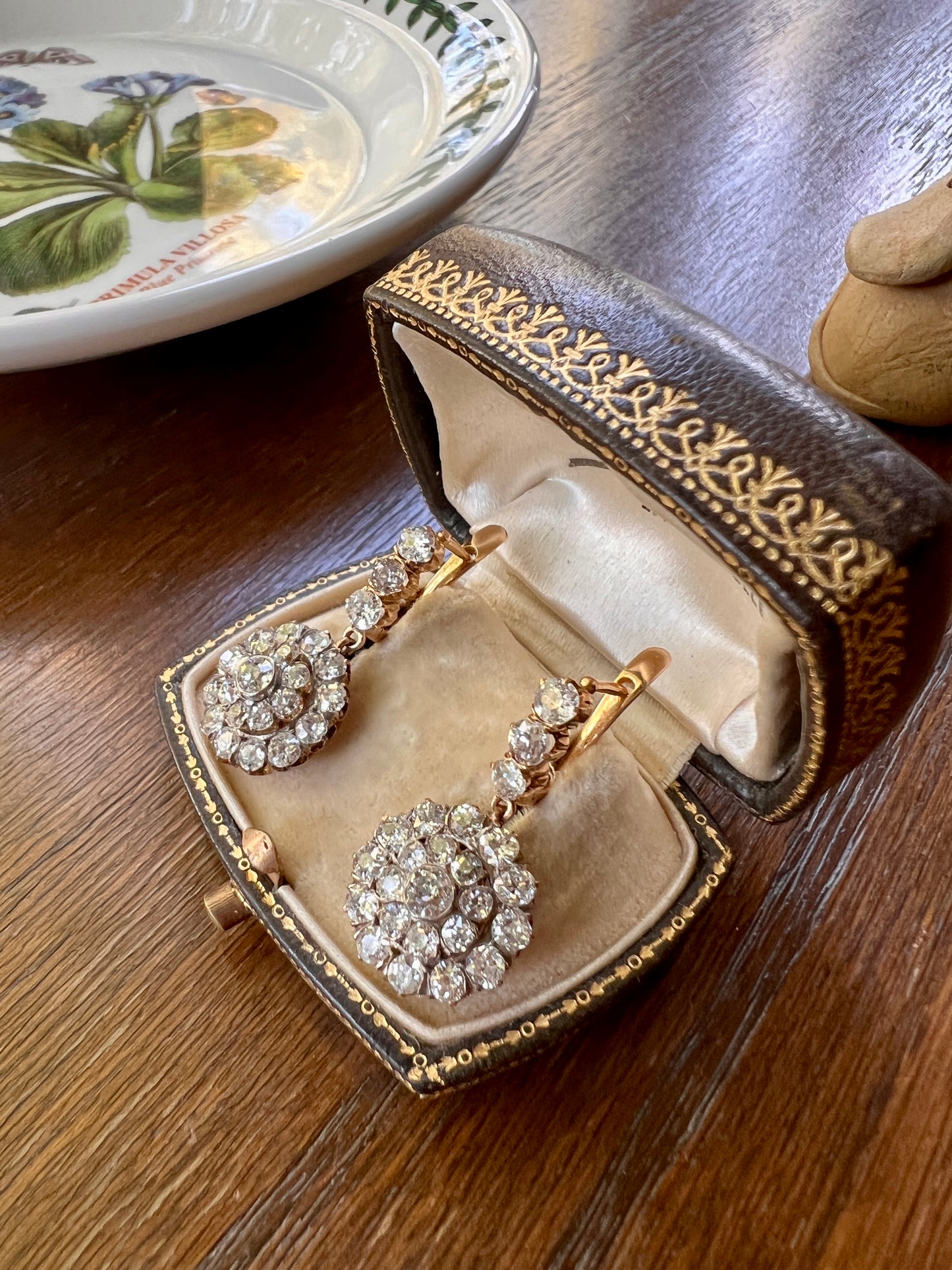 XL Antique 4 1/3 Carat Old Mine DIAMOND Cluster Dangle Earrings 18k Gold ViCTORIAN Bullseye Halo Drops