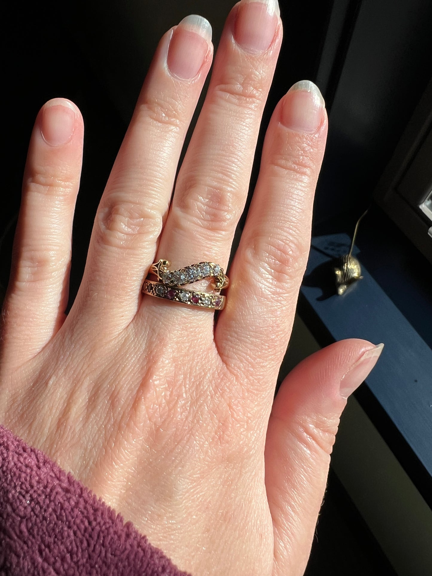 RESERVED - Final Payment - SWIRL Old Mine Cut DIAMOND Five Stone Band Crossover Ring Swirl Band 18k Gold Antique Bypass Ornate Stacker Victorian
