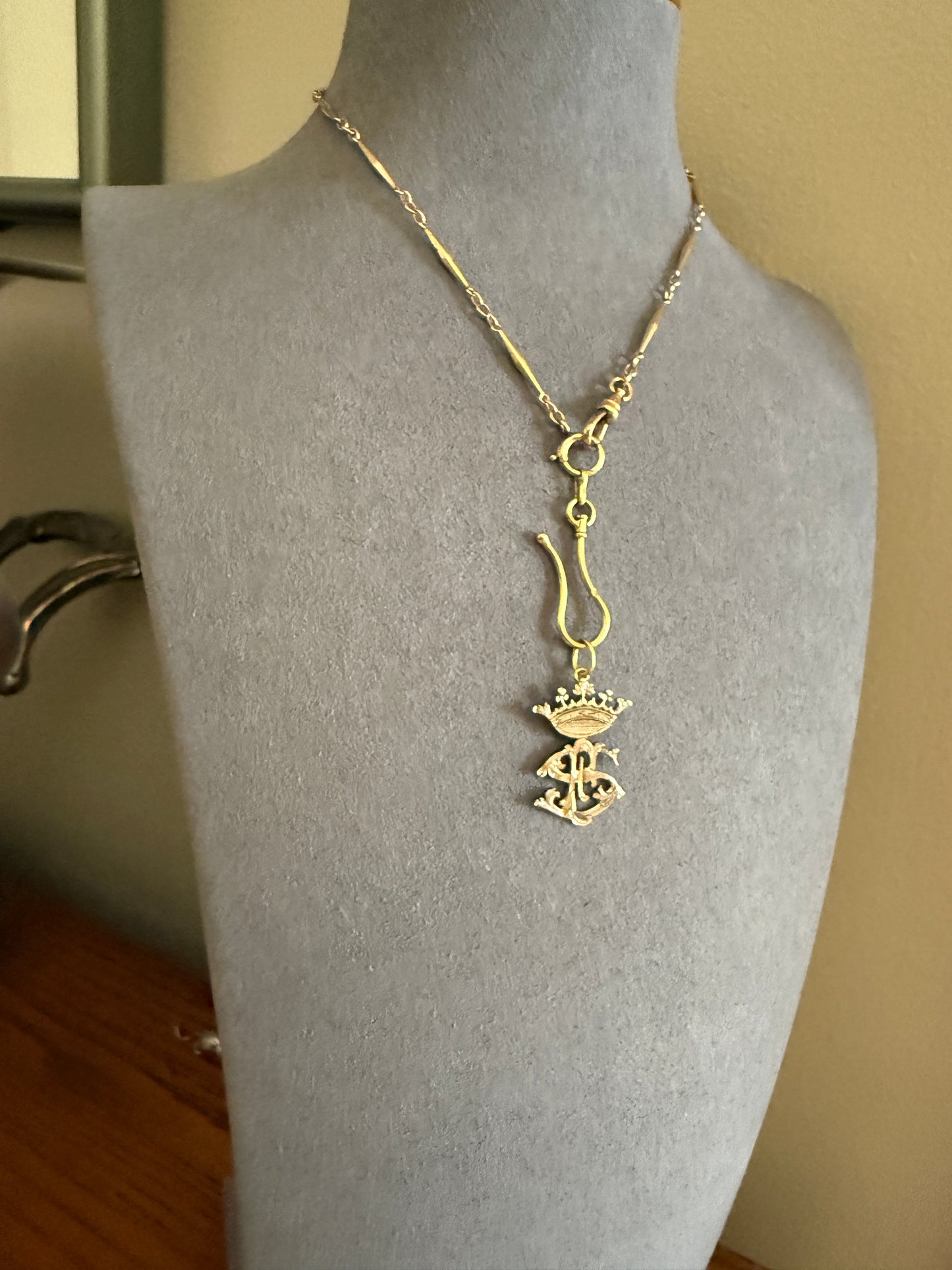 CROWN Figural Initial Pendant S E or F ? Solid Silver Vermeil Gold Plated Front Unique Charm Hand Engraved Openwork Detail