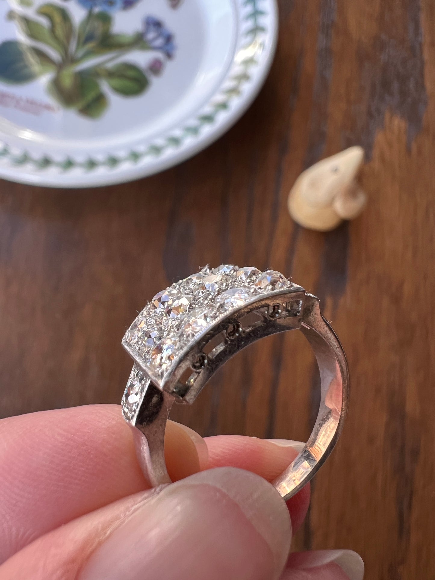 Two Carat 14 Old Mine Cut DIAMOND Curved Cluster Grid Ring French Antique Platinum Cobblestone