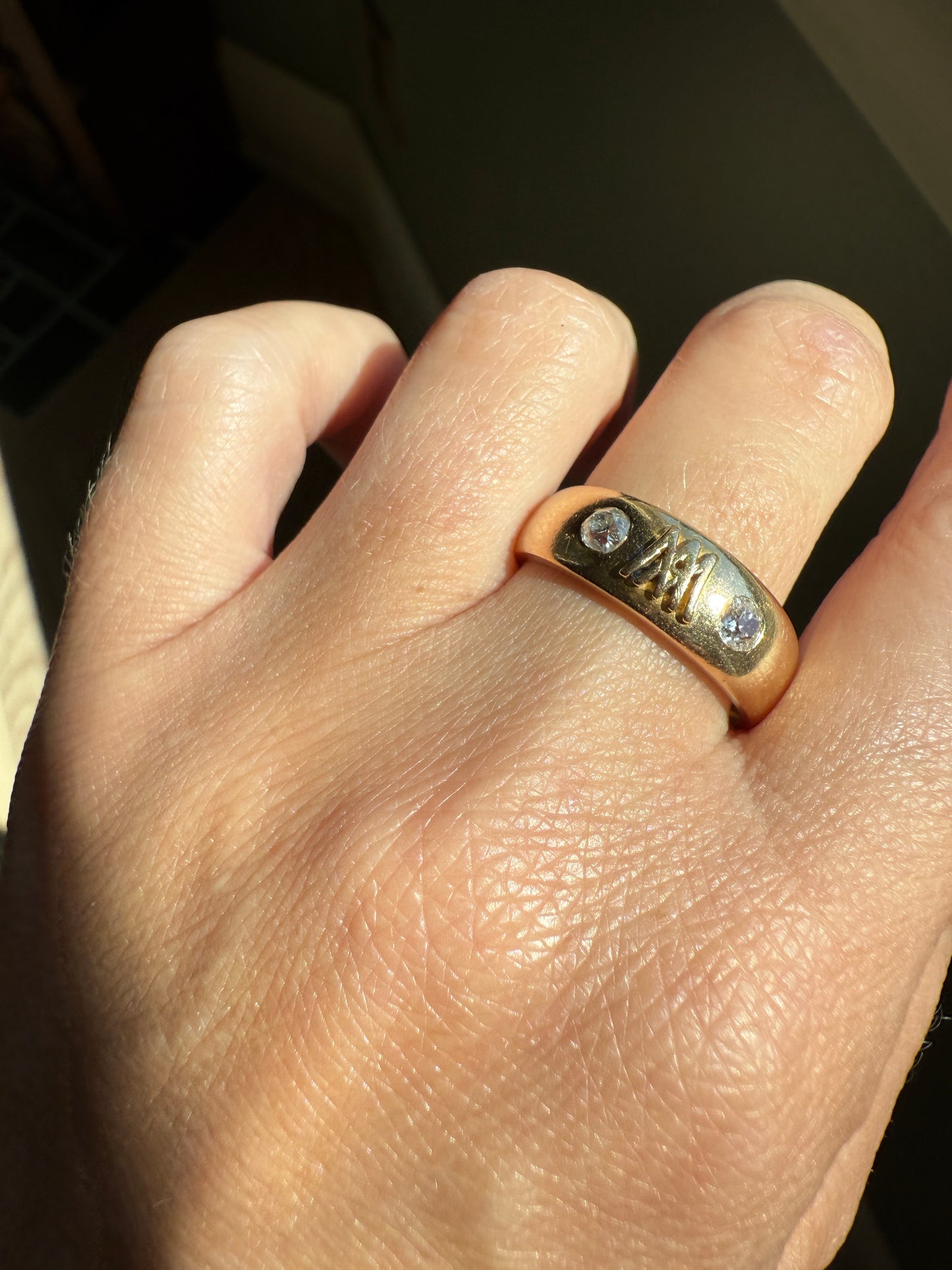 Heavy AM W Old Mine Cut Diamond Gypsy Ring 9.3g 18k Gold Band Solid Chunky Figural Initial Monogram Ring Stacker Man Or Unisex .4 Carat OMC