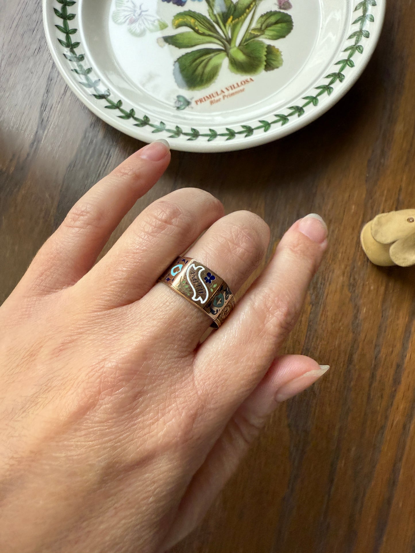 AMITIE French "Friendship" Gold Filled Wide Band Betrothal Ring Traditional Engagement Unique Stacker Enamel