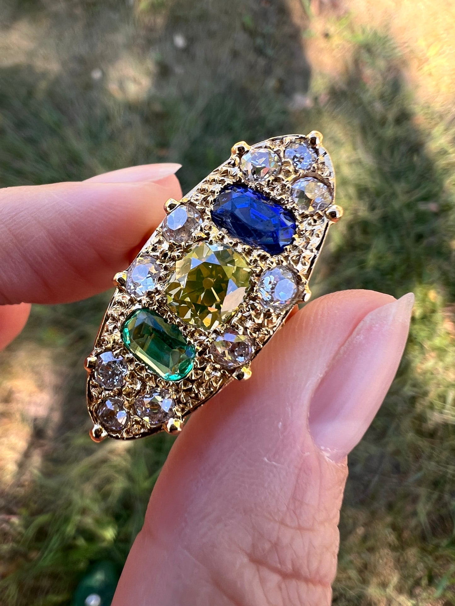 Unique French Vintage Navette Ring 1.25 Carat Antique Eye Clean Fancy Intense Greenish YELLOW Old Mine Cut DIAMOND 2.35 Tdw Emerald Sapphire