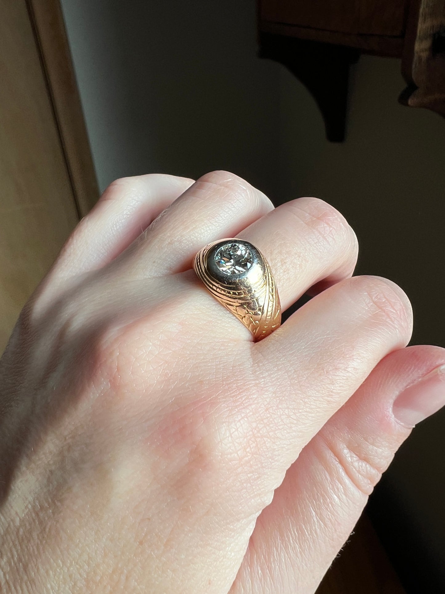 HEAVY 1.2 Carat Transitional Cut DIAMOND French Vintage 12g 18k Gold Forget Me Not Floral Gypsy Band Ring Chunky Unisex