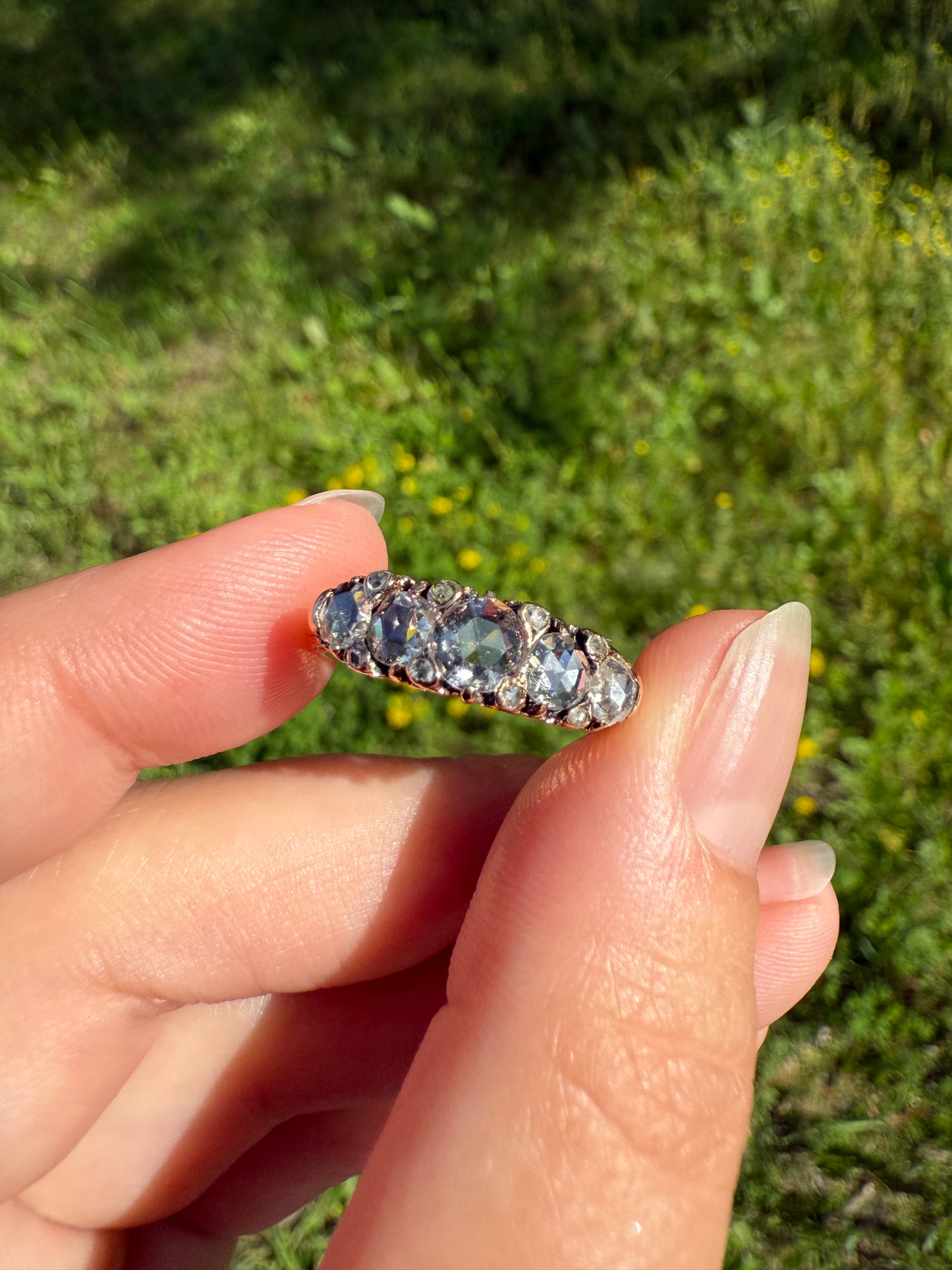 ANTIQUE Rose Cut DIAMOND Five Stone Band with Spacers Disco Ball Stacker Ring 14k Gold