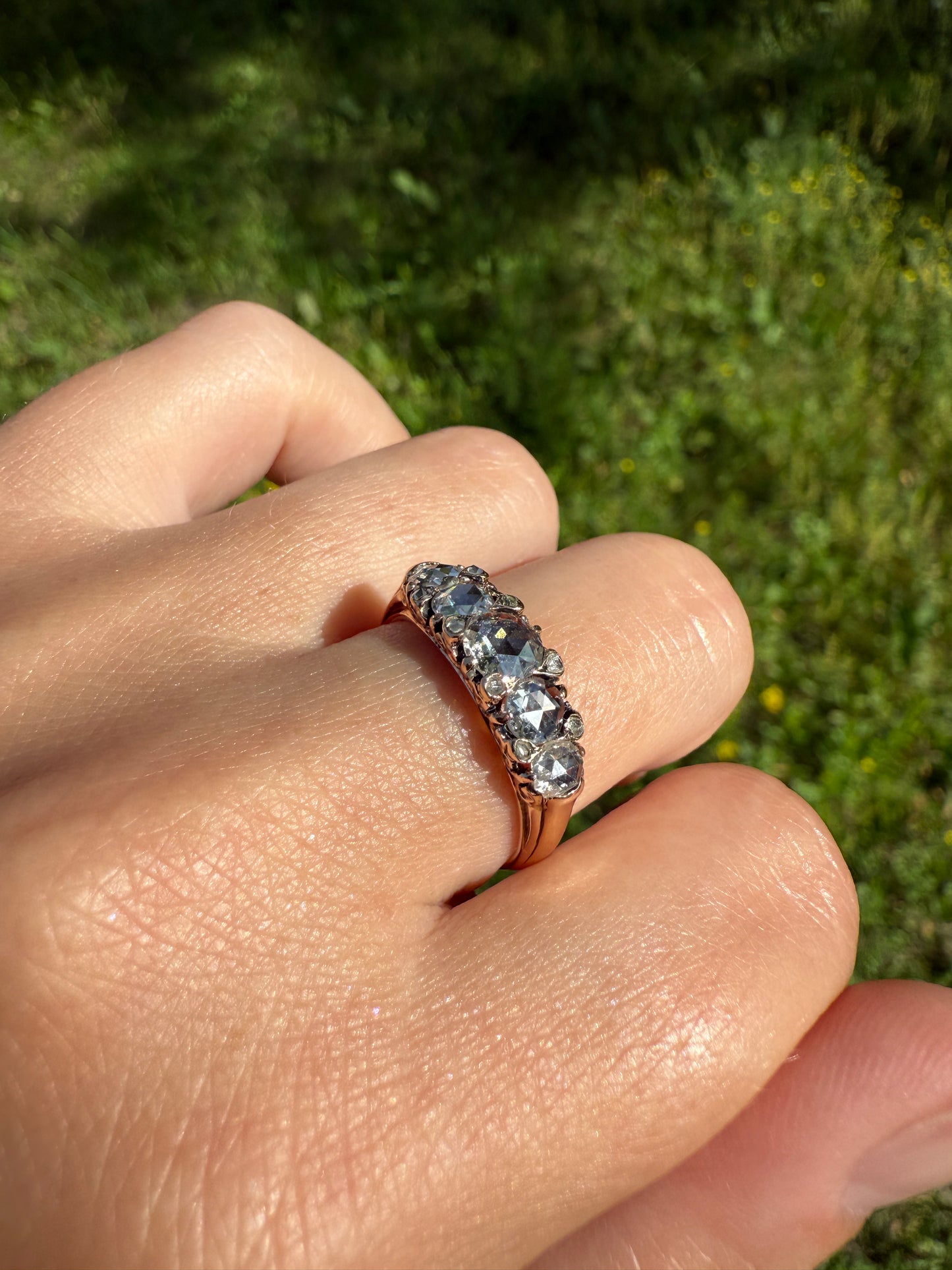 ANTIQUE Rose Cut DIAMOND Five Stone Band with Spacers Disco Ball Stacker Ring 14k Gold