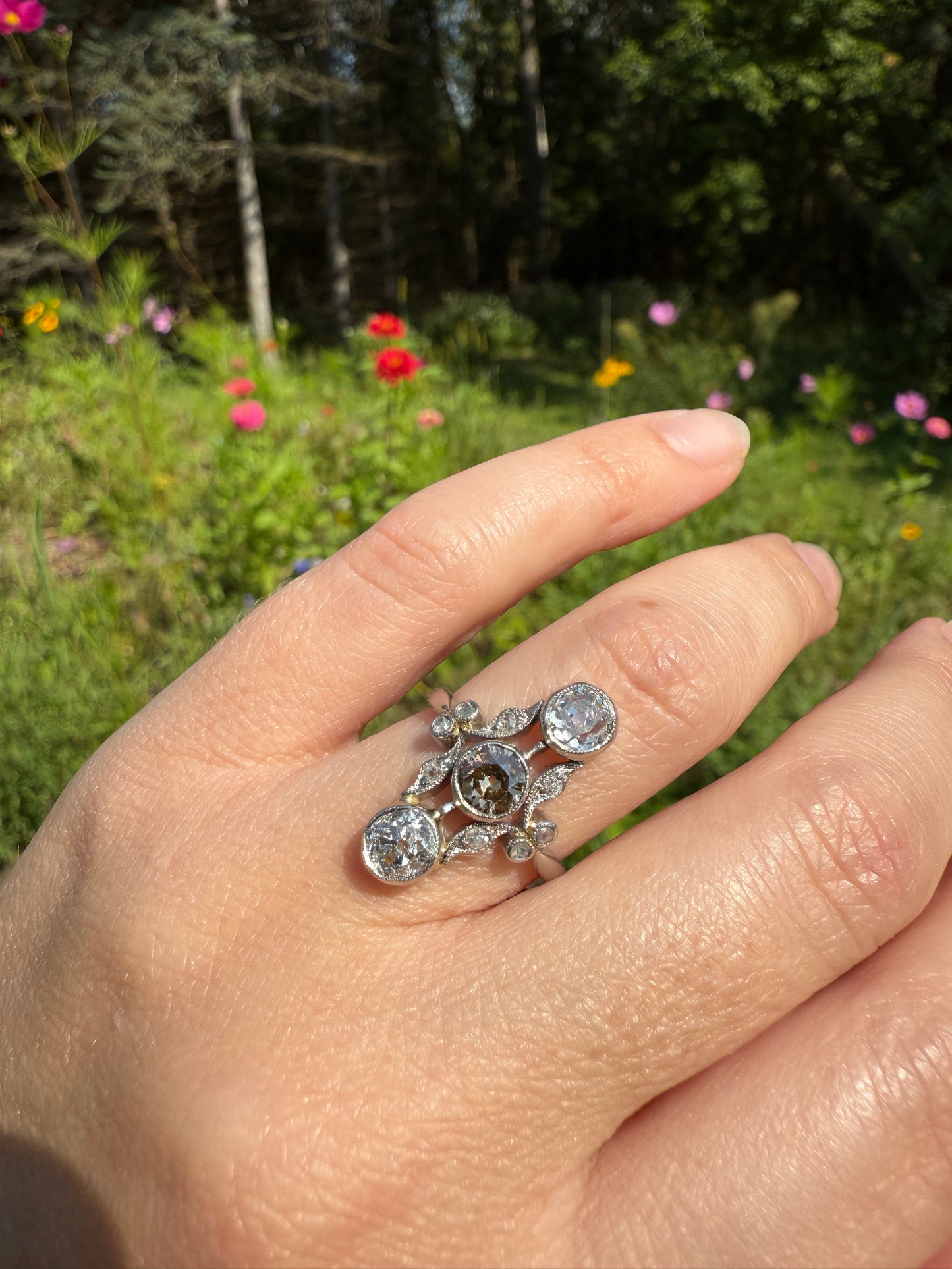 ORNATE Belle Epoque Antique 1.6 Carat Tdw Champagne Fancy Light Brown & White Three Stone Old Mine Cut Diamond Platinum Navette Ring Oval Victorian French