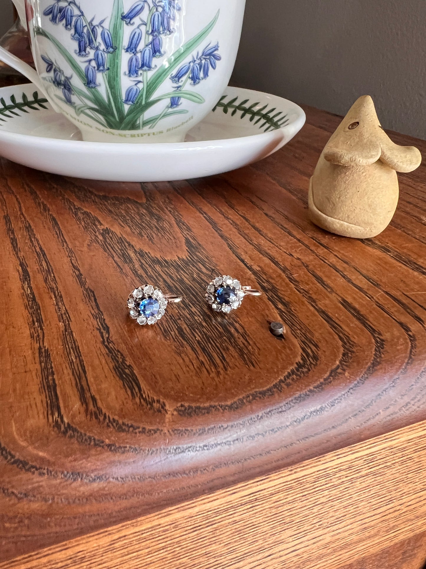Antique Blue SAPPHIRE .7 Carat Rose Cut DIAMOND Halo Earrings 14k Gold Victorian Dangle Dormeuse Gift Bridal Something Old Blue Holiday Gift
