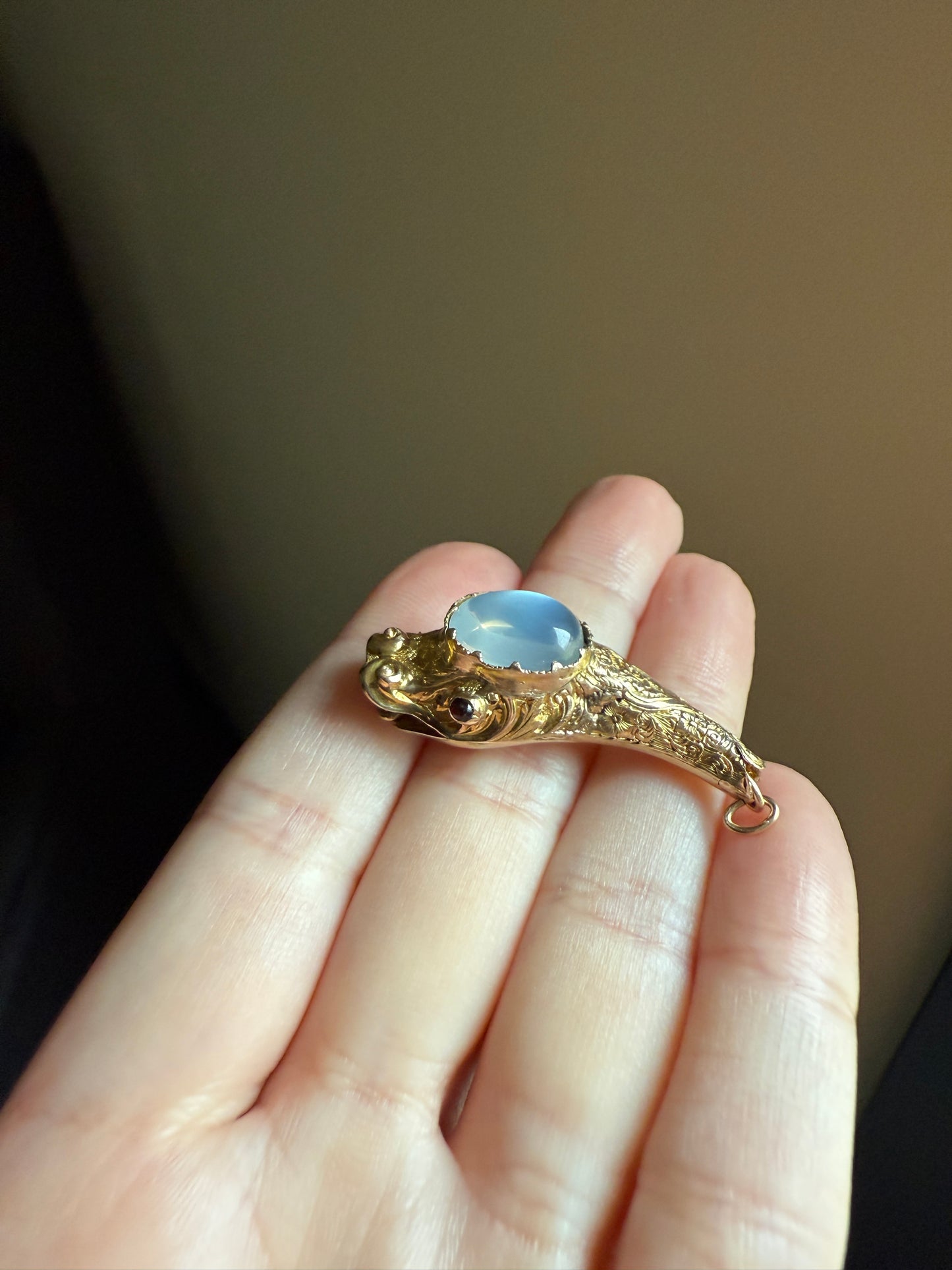MOONSTONE Smiling SNAKE Large Victorian Antique Pendant CONNECTOR Extender Figural 10k Gold Solid Swivel Engraved Head Garnet Eyes