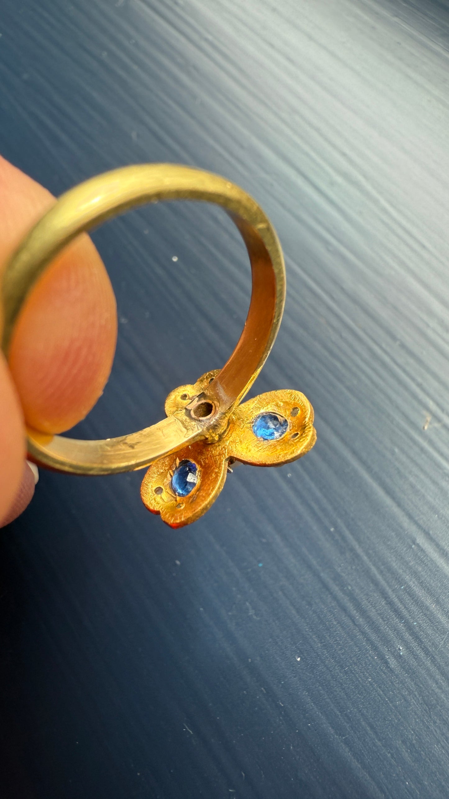 SPINNER Figural Flower Pearl Blue Paste Sapphire Antique Ring 18k Gold Victorian Moveable Face Unique One of a Kind