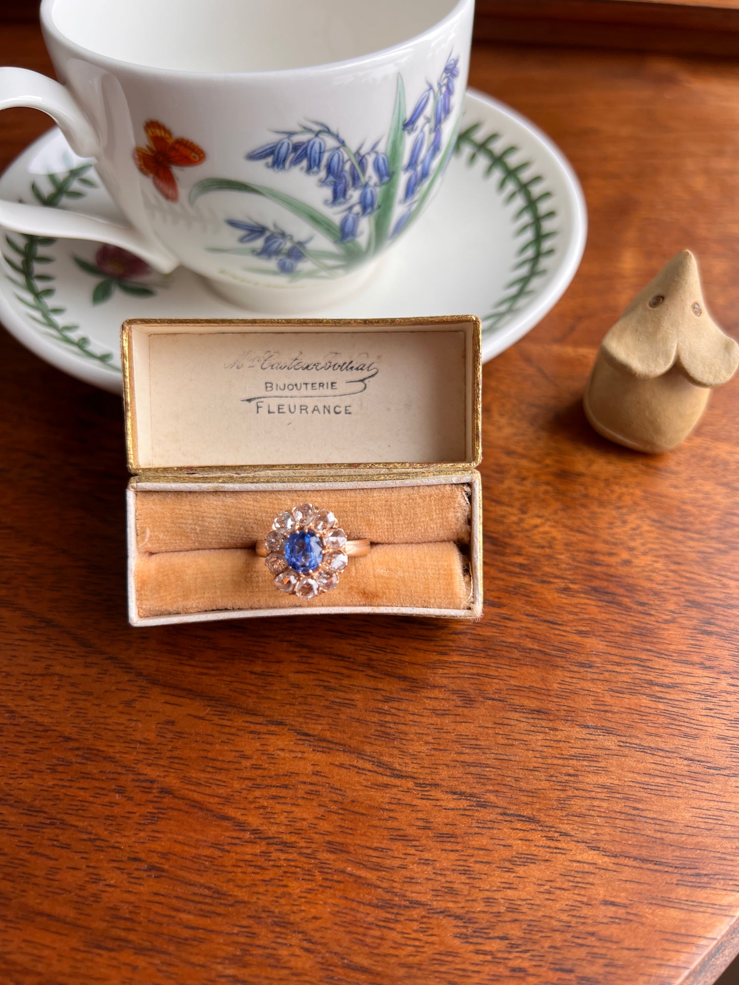 Natural Cornflower SAPPHIRE 1 Carat 10 Rose Cut Diamond Halo Ring 18k Gold Engraved Dated Wedding Band Antique Cluster