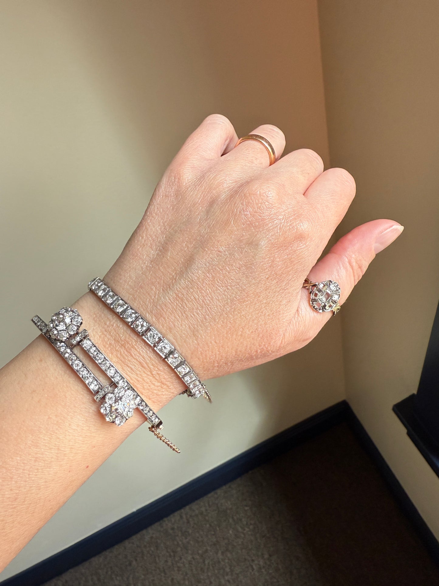 Antique 9.5 CARAT 35 Old European & Mine Cut DIAMOND Line Riviera Tennis Bracelet Platinum French Square Bezel Rivere Wriststack 9.5Ctw OmC