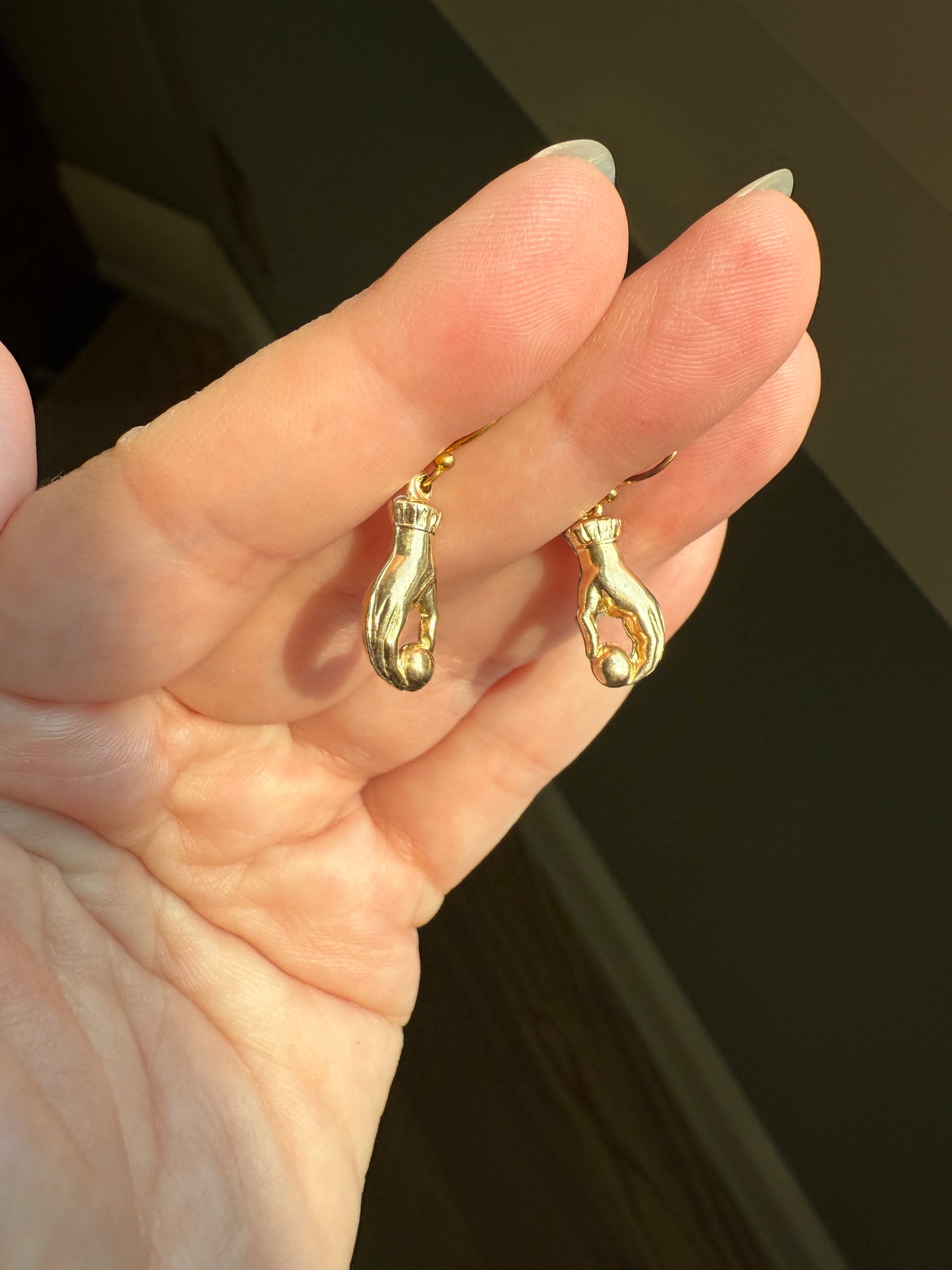 Antique Figural HAND Holding Ball Jester? Cuff Dangle Earrings 10k Gold Cased & GF Unique