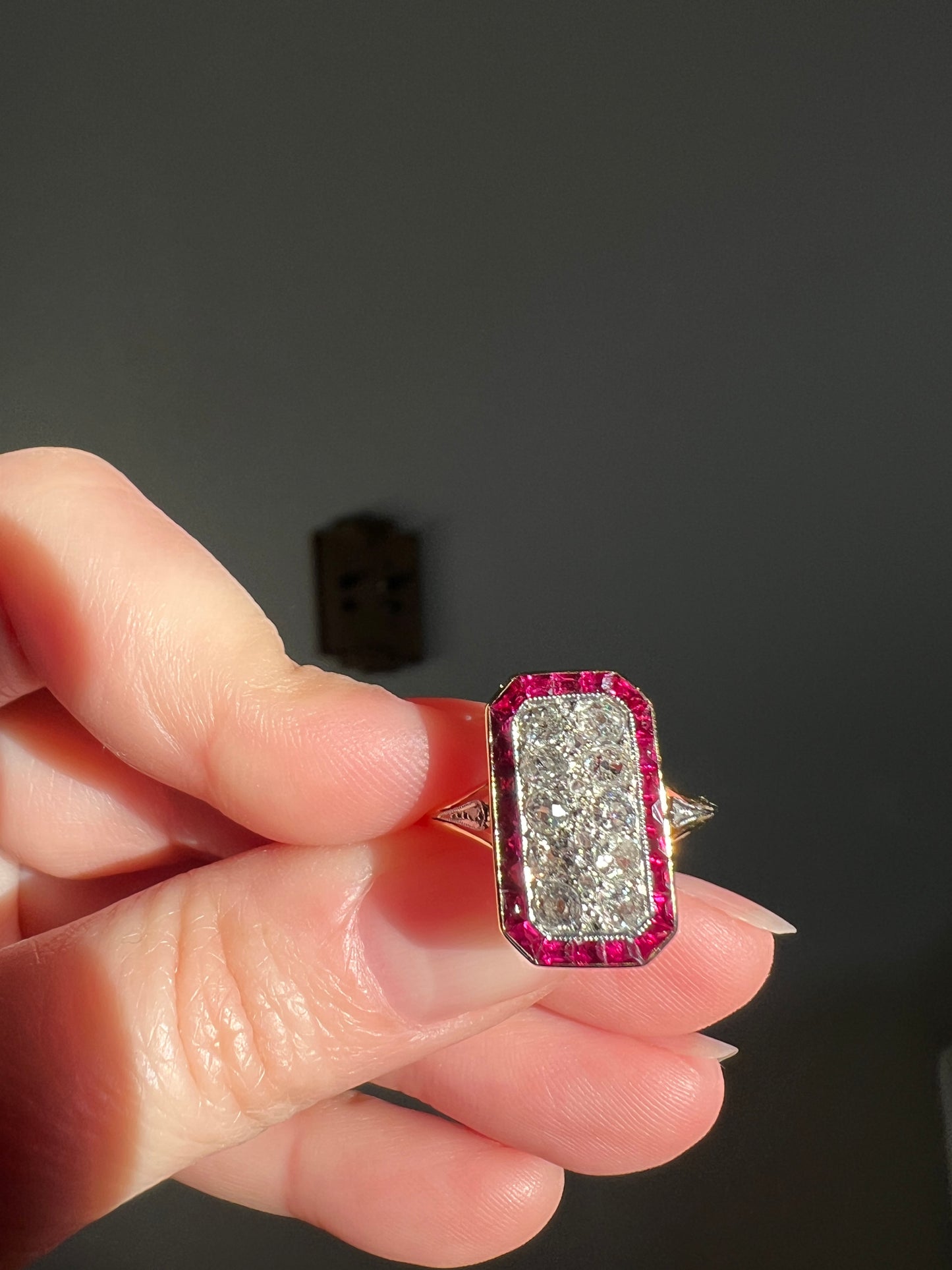 ANTIQUE 1 Carat Old Mine Rose Cut DIAMOND RUBY Halo Rectangular Panel Lozenge Ring 18k Gold French Belle Epoque Pink Red
