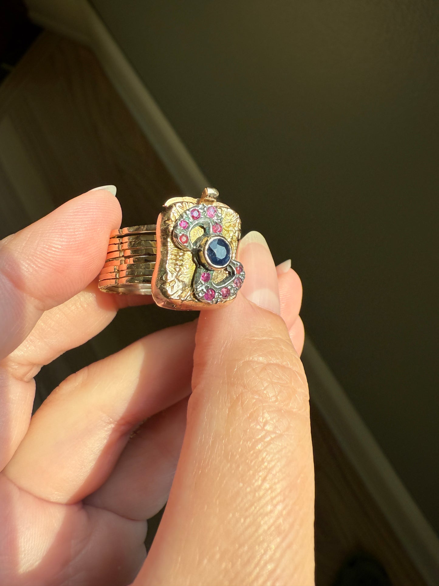 RARE 2 for 1 Convertible RING to BRACELET Surprise Antique Sapphire Ruby Bow 9k Gold Silver Top Clasp Expandable Secret