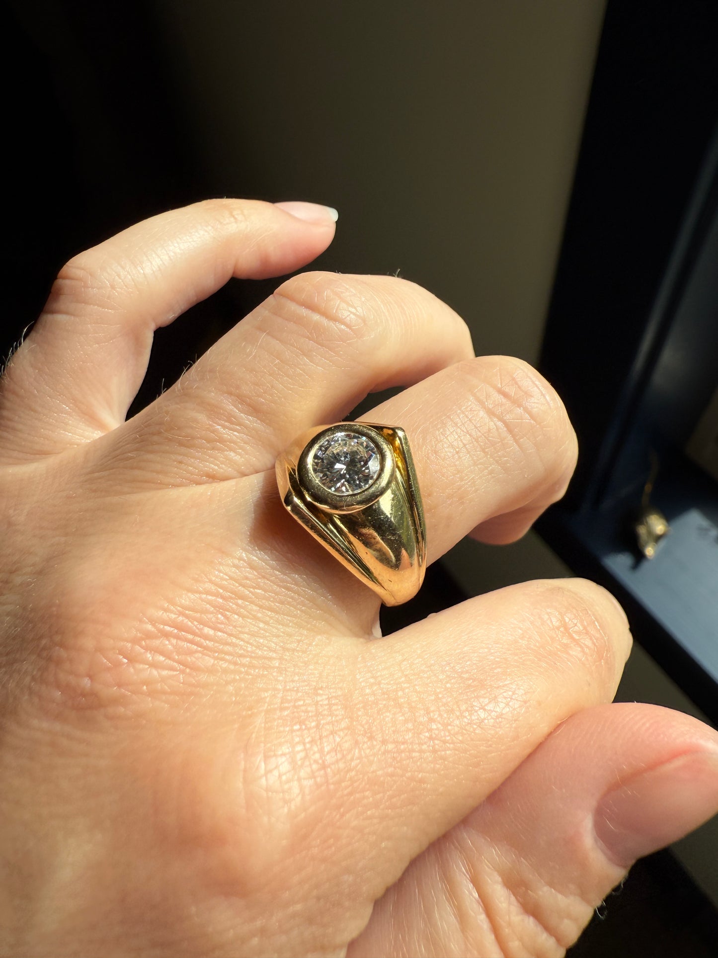 Vintage 1 Carat VVS1 A+ Quality DIAMOND Chevron Ring With DATED RECEIPT French 18k Gold Unisex Gypsy Solitaire Chunky Wide Band