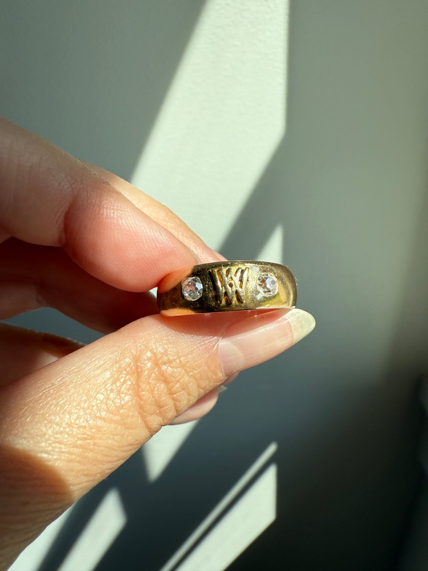 Heavy AM W Old Mine Cut Diamond Gypsy Ring 9.3g 18k Gold Band Solid Chunky Figural Initial Monogram Ring Stacker Man Or Unisex .4 Carat OMC