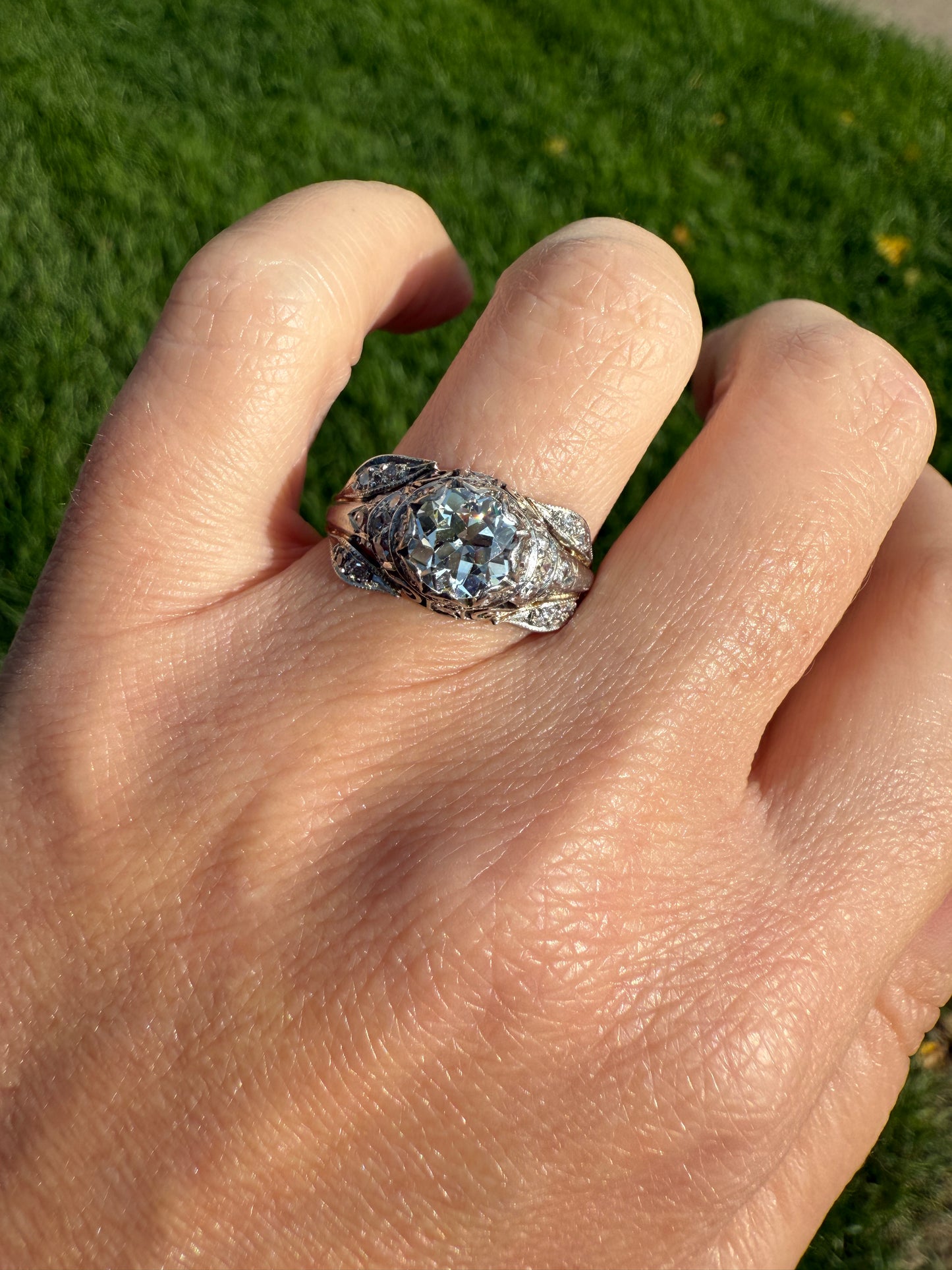 PLATINUM 1.7Ctw Art Deco Eye CLEAN Old European Cut Diamond Solitaire Engagement Ring w/ Wedding Set Wrap Encrusted Leaf Prong Antique c1928