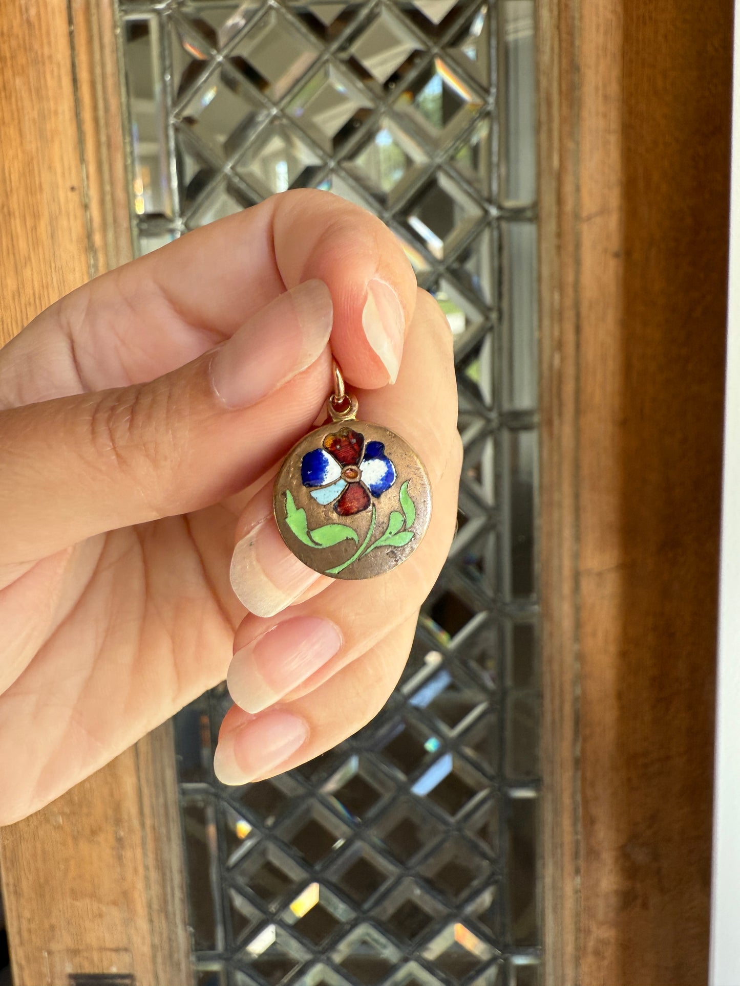 FLORAL Antique PANSY Enamel Flower Pendant Charm Victorian Enamel inlaid Brass Flower Medal Medallion Love Token Red Blue Green White