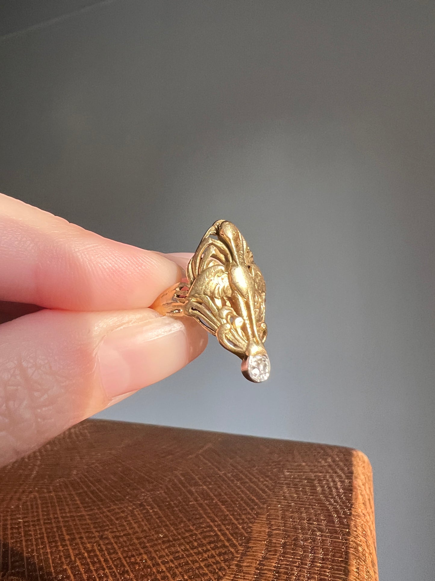 SWAN French ANTIQUE Special Art Nouveau Old Mine Cut DIAMOND 18k Gold Platinum Ring Figural
