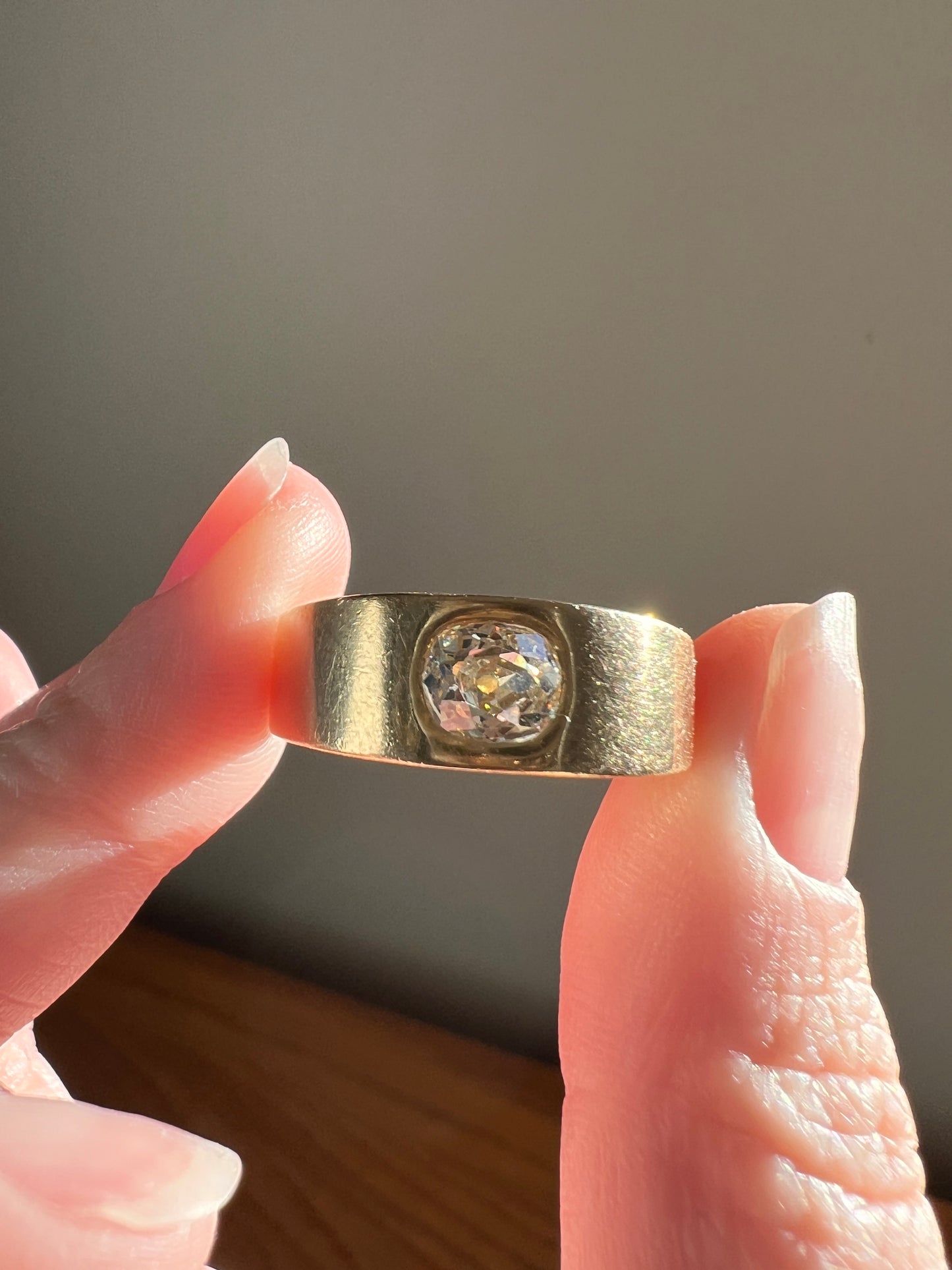 HEAVY .8 Carat Antique Eye Clean Old Mine Cut DIAMOND French Vintage 13g 18k Gold Gypsy Band Ring Solitaire Gift Stacker Chunky Unisex Man