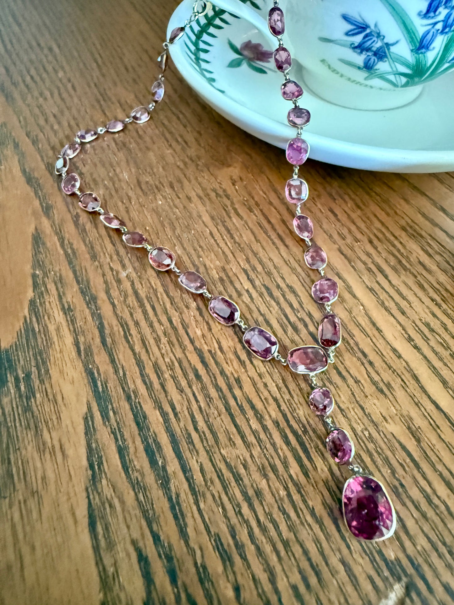 Antique 36 GARNET Riviera Station Chain 10k GOLD Berry Purple Pink Chunky Lariat Y Necklace Collar
