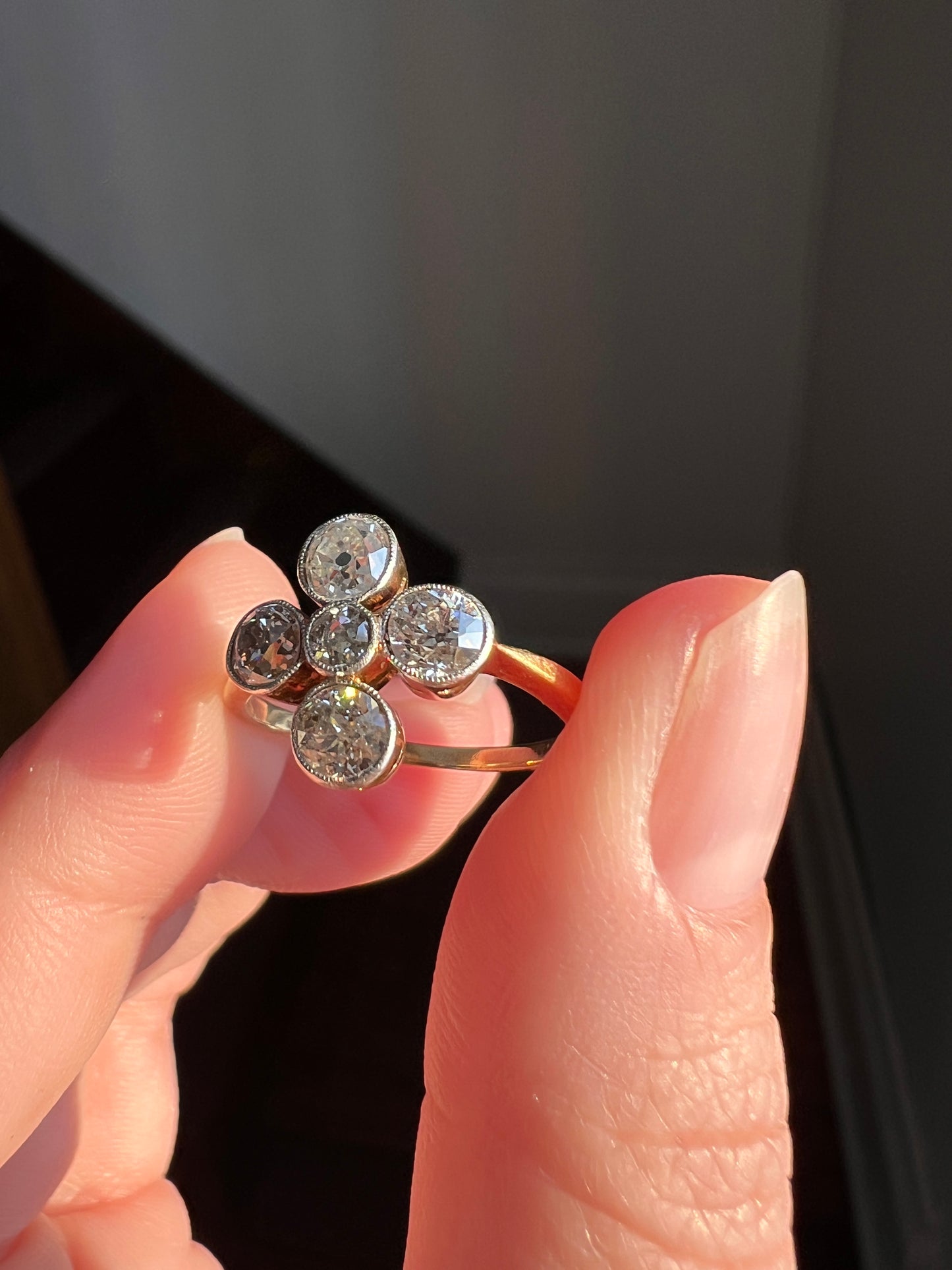 CRUCIFORM 1.25 Carat Old Mine Cut DIAMOND Ring Antique EDWARDIAN 18k Gold Platinum Five Stone