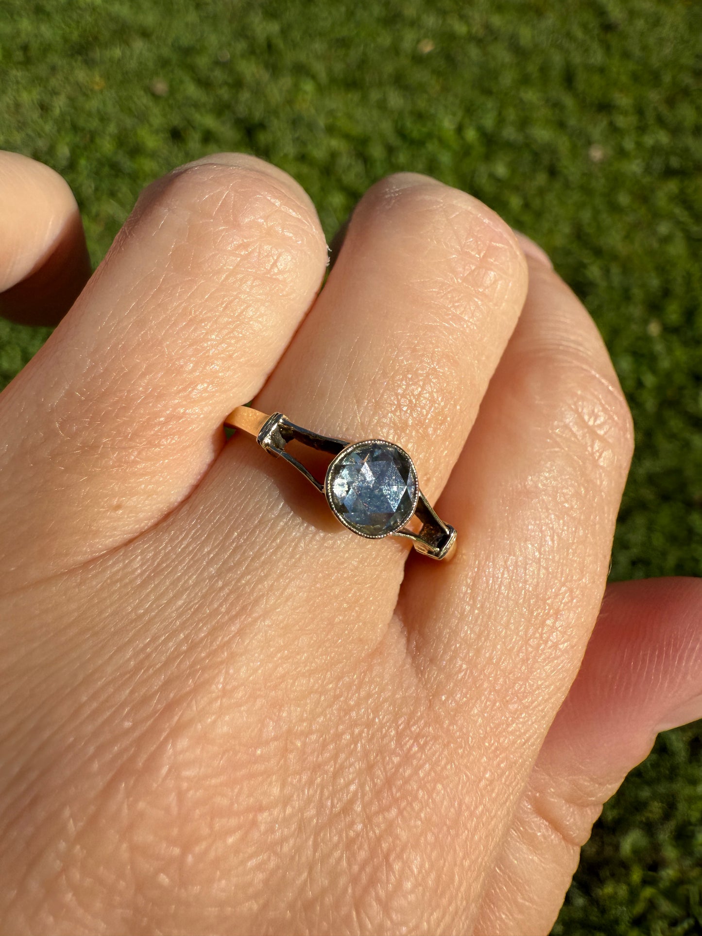 Antique 6.2mm Rose Cut DIAMOND Solitaire 14k Gold Ring Bezel Set Stacker Open Work Shoulders 1 Carat Face Up